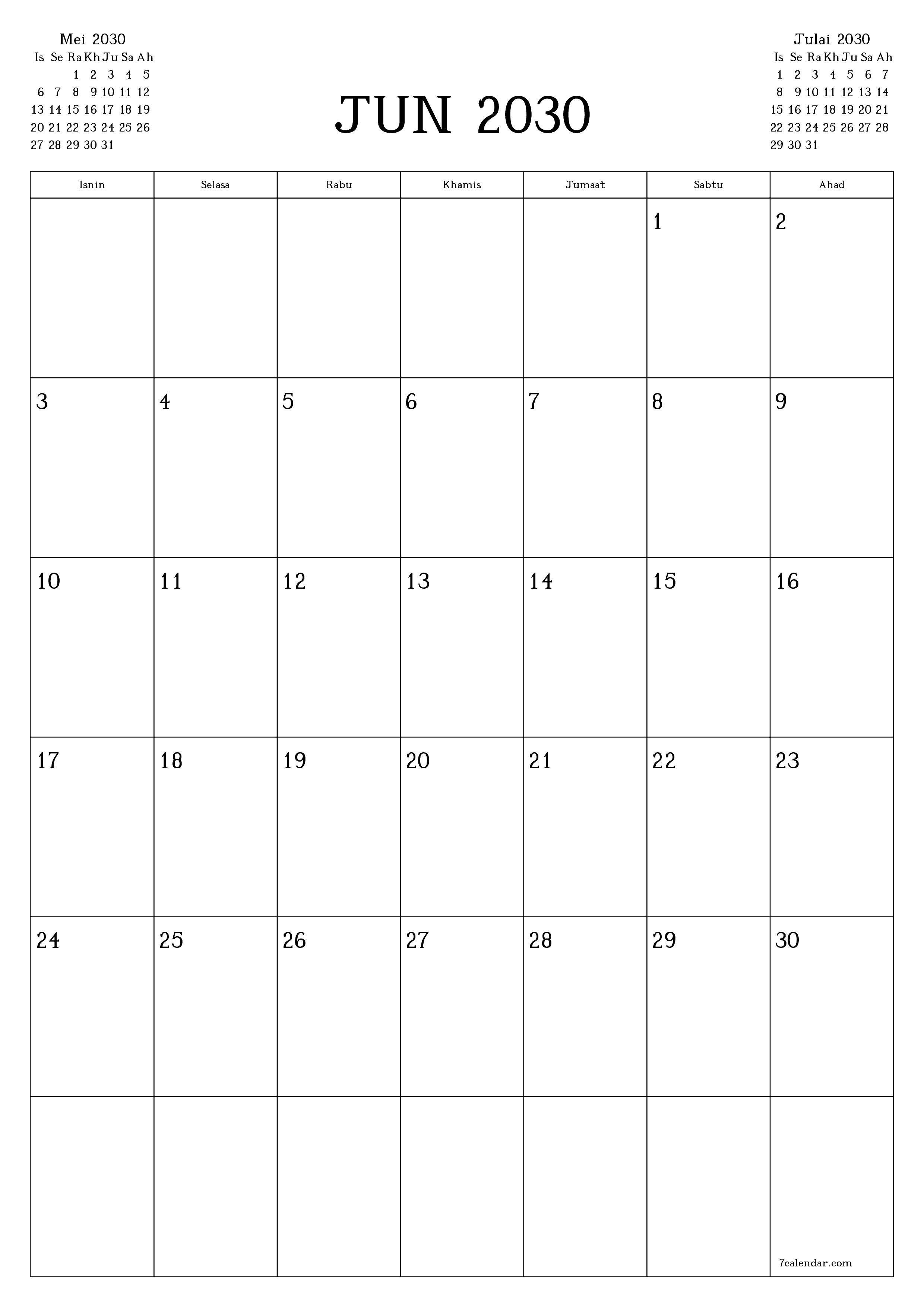  boleh cetak dinding templat percumamenegak Bulanan perancang kalendar Jun (Jun) 2030