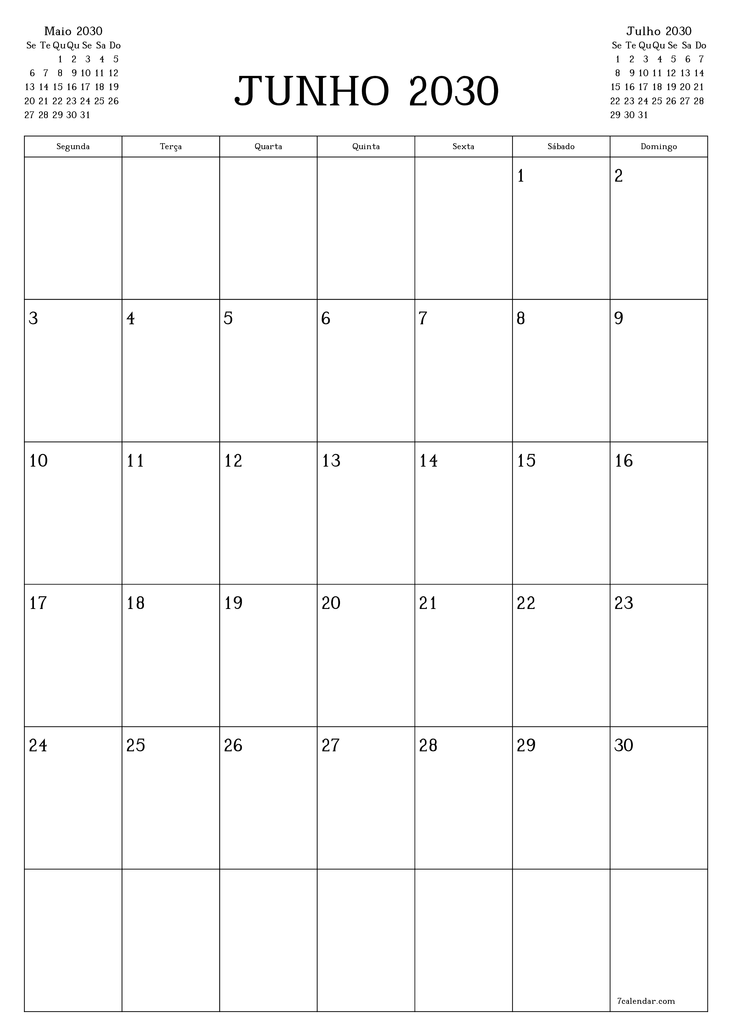  para impressão de parede modelo de grátisvertical Mensal planejador calendário Junho (Jun) 2030