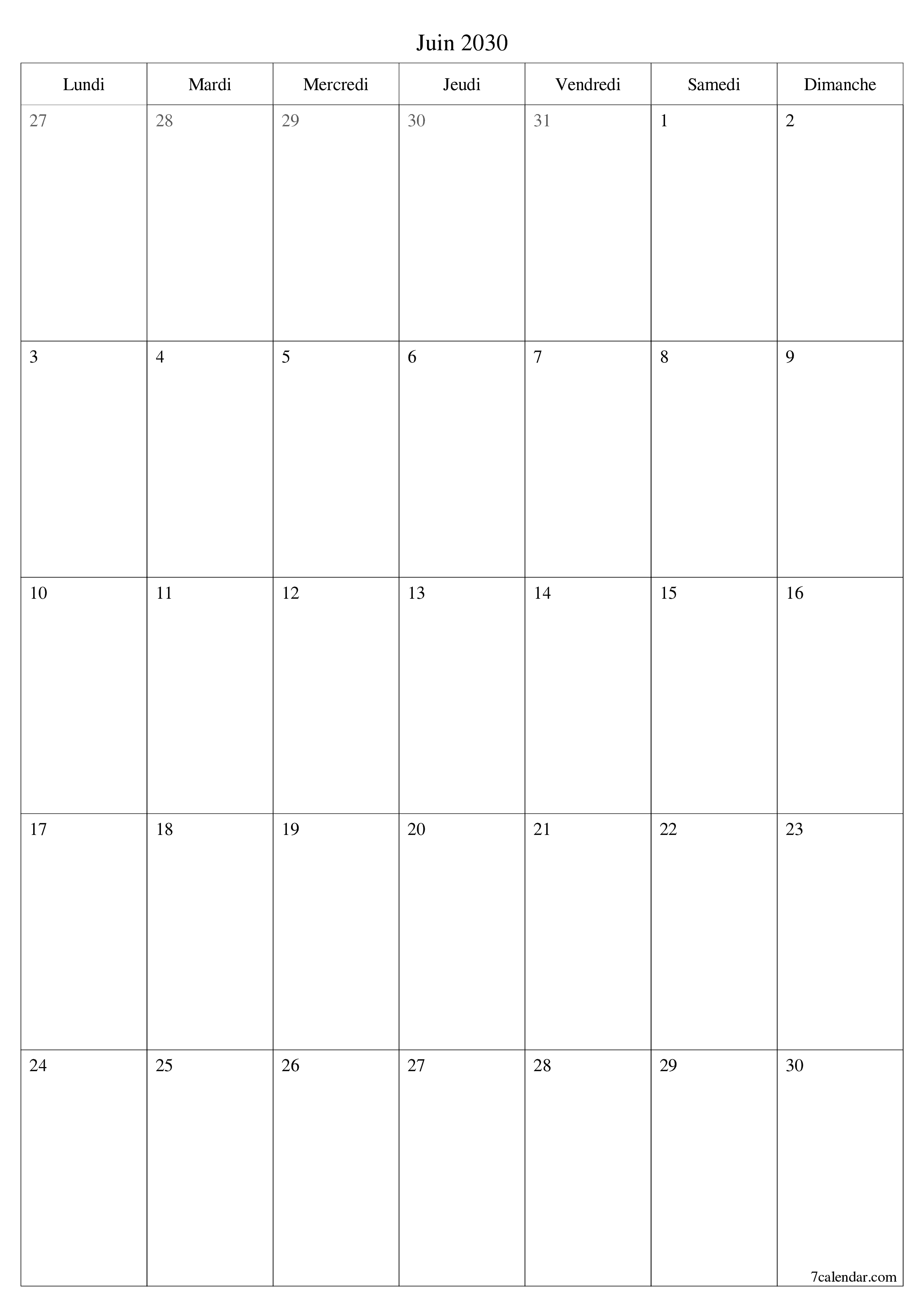  imprimable mural modèle de gratuitverticale Mensuel planificateur calendrier Juin (Jui) 2030