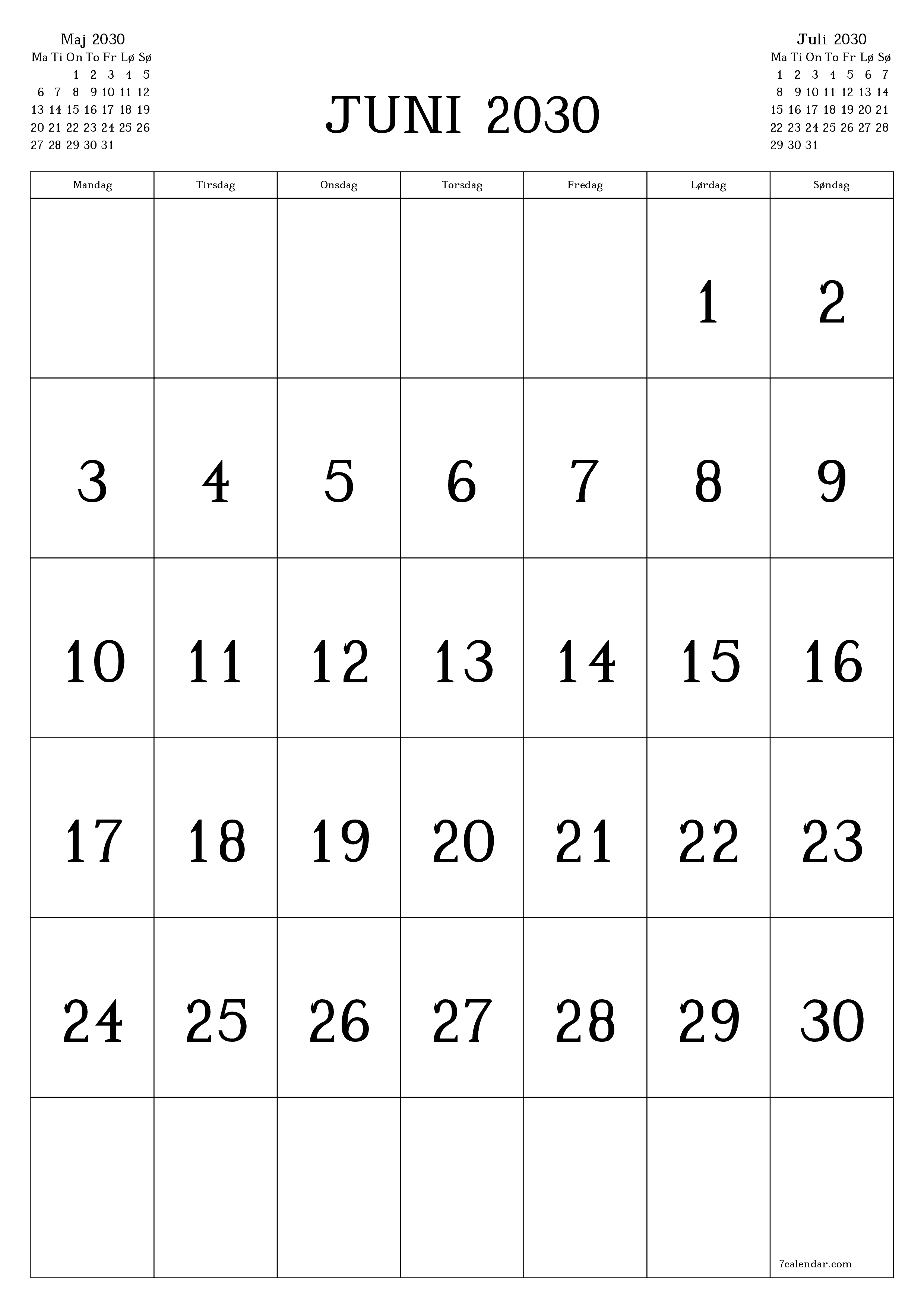 udskrivbar væg skabelon gratis lodret Månedlig kalender Juni (Jun) 2030