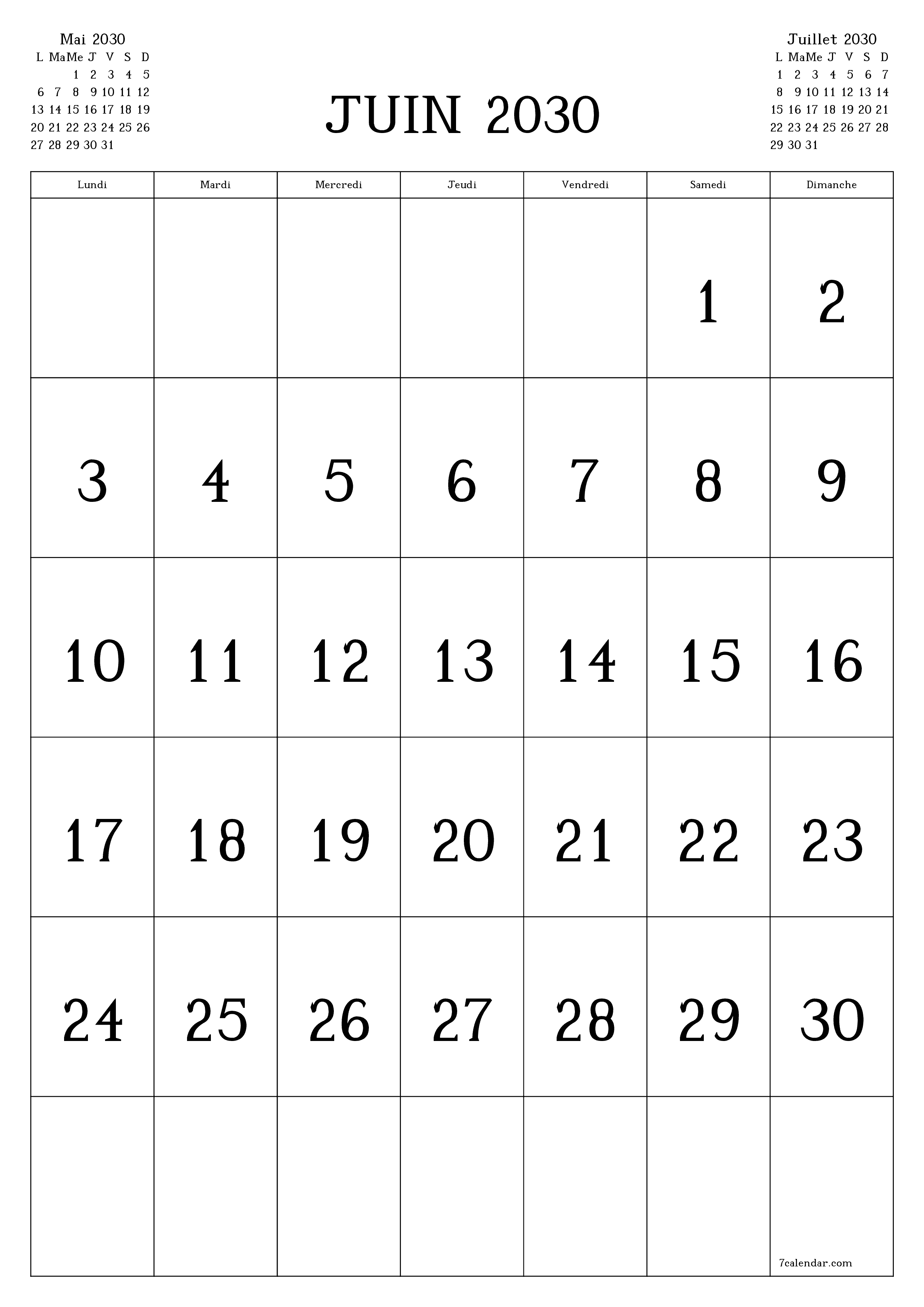 imprimable mural modèle de gratuitverticale Mensuel calendrier Juin (Jui) 2030