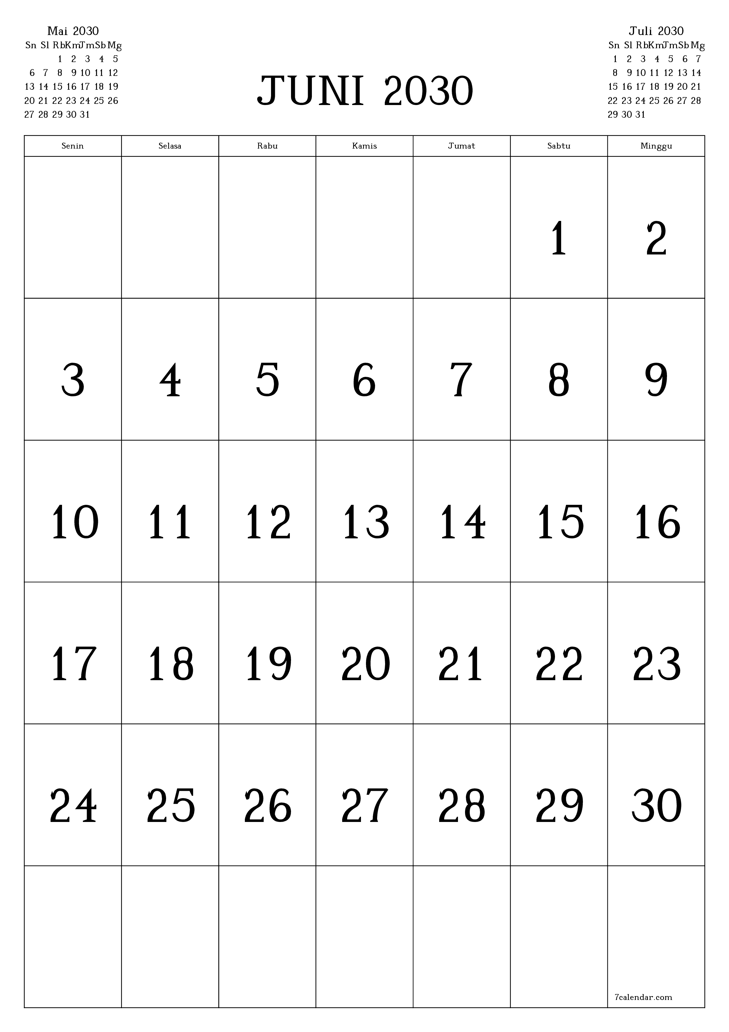  yang dapat dicetak dinding templat gratisvertikal Bulanan kalender Juni (Jun) 2030