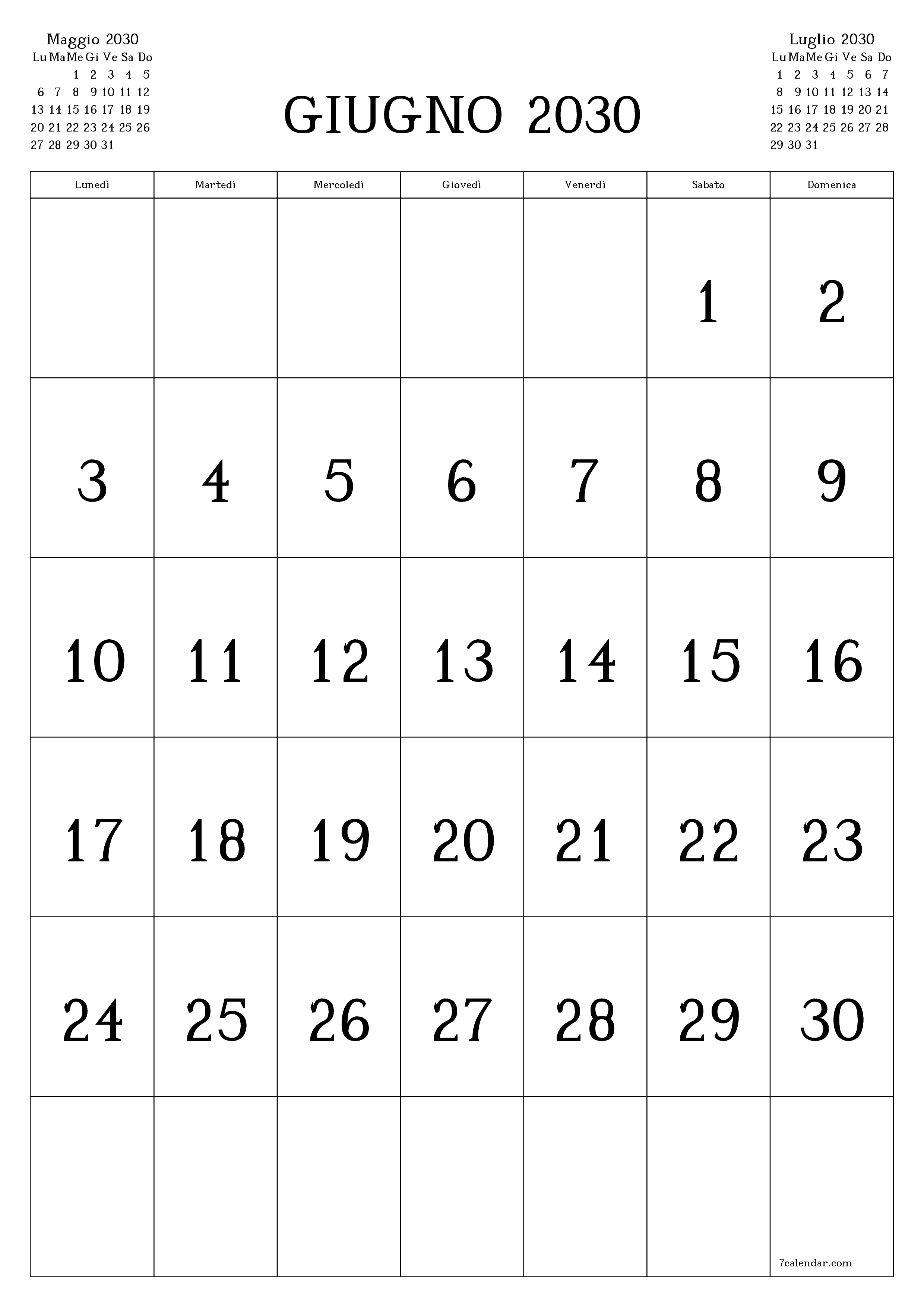  stampabile da parete modello di gratuitoverticale Mensile calendario Giugno (Giu) 2030
