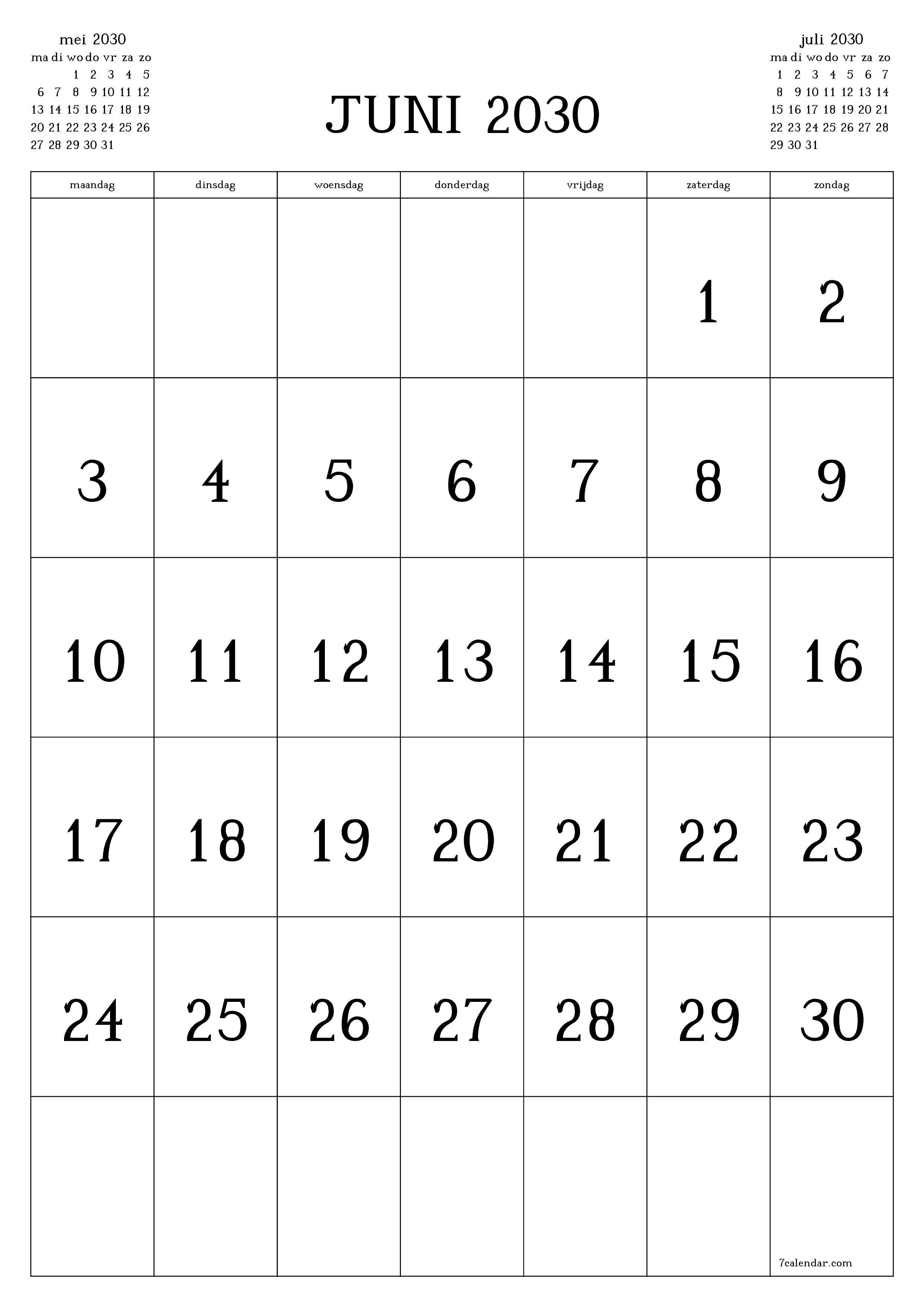 afdrukbare muur sjabloon gratis verticaal Maandelijks kalender juni (jun) 2030