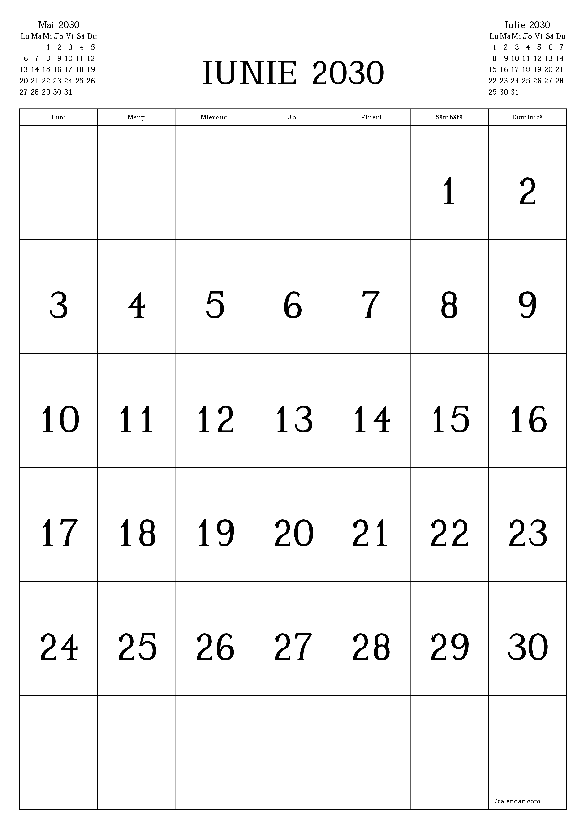  imprimabil de perete șablon de gratuitvertical Lunar calendar Iunie (Iun) 2030