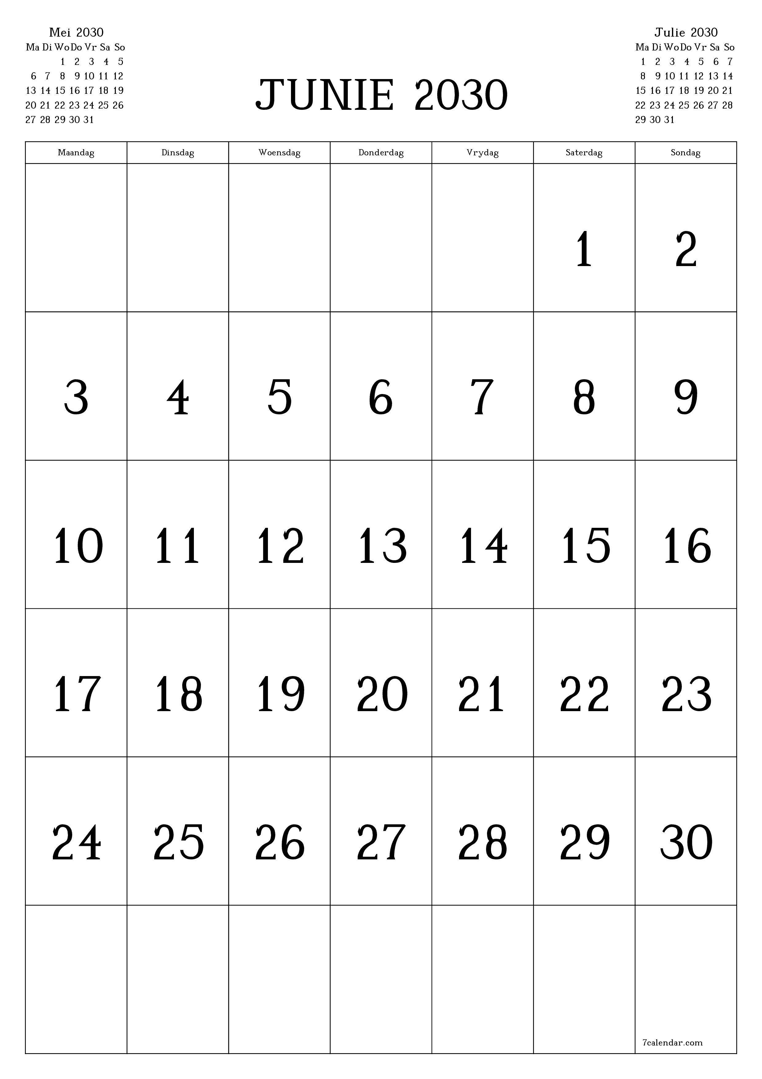 drukbare muur template gratis vertikaal Maandeliks kalender Junie (Jun) 2030