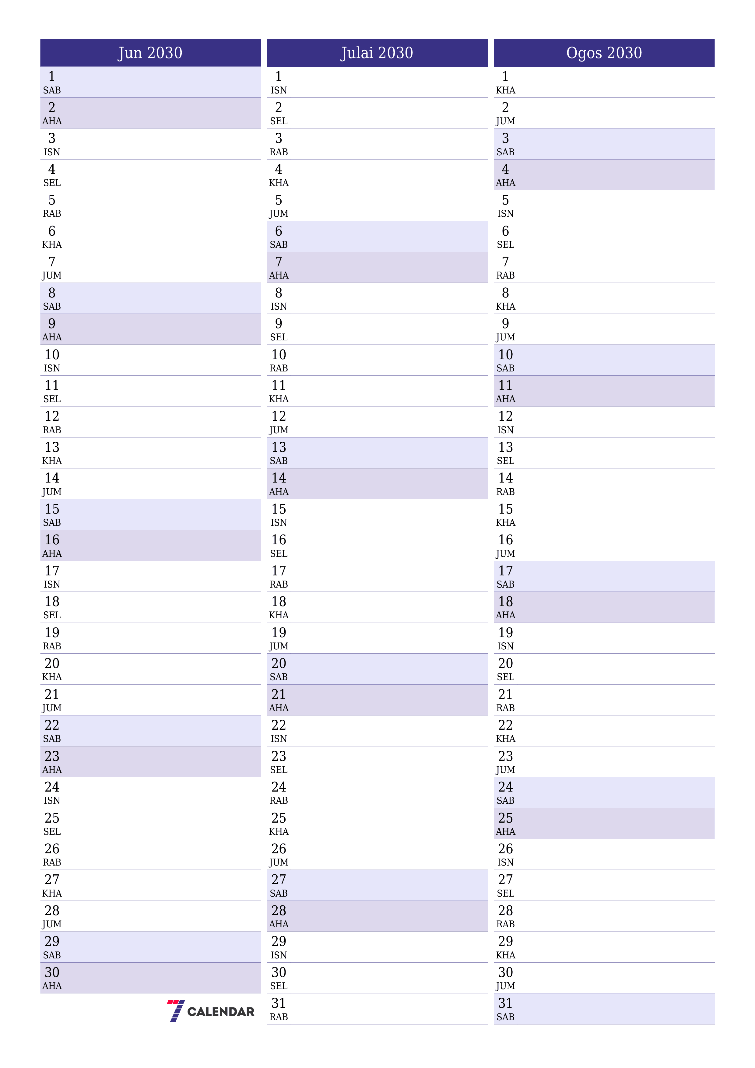  boleh cetak dinding templat percumamenegak Bulanan perancang kalendar Jun (Jun) 2030
