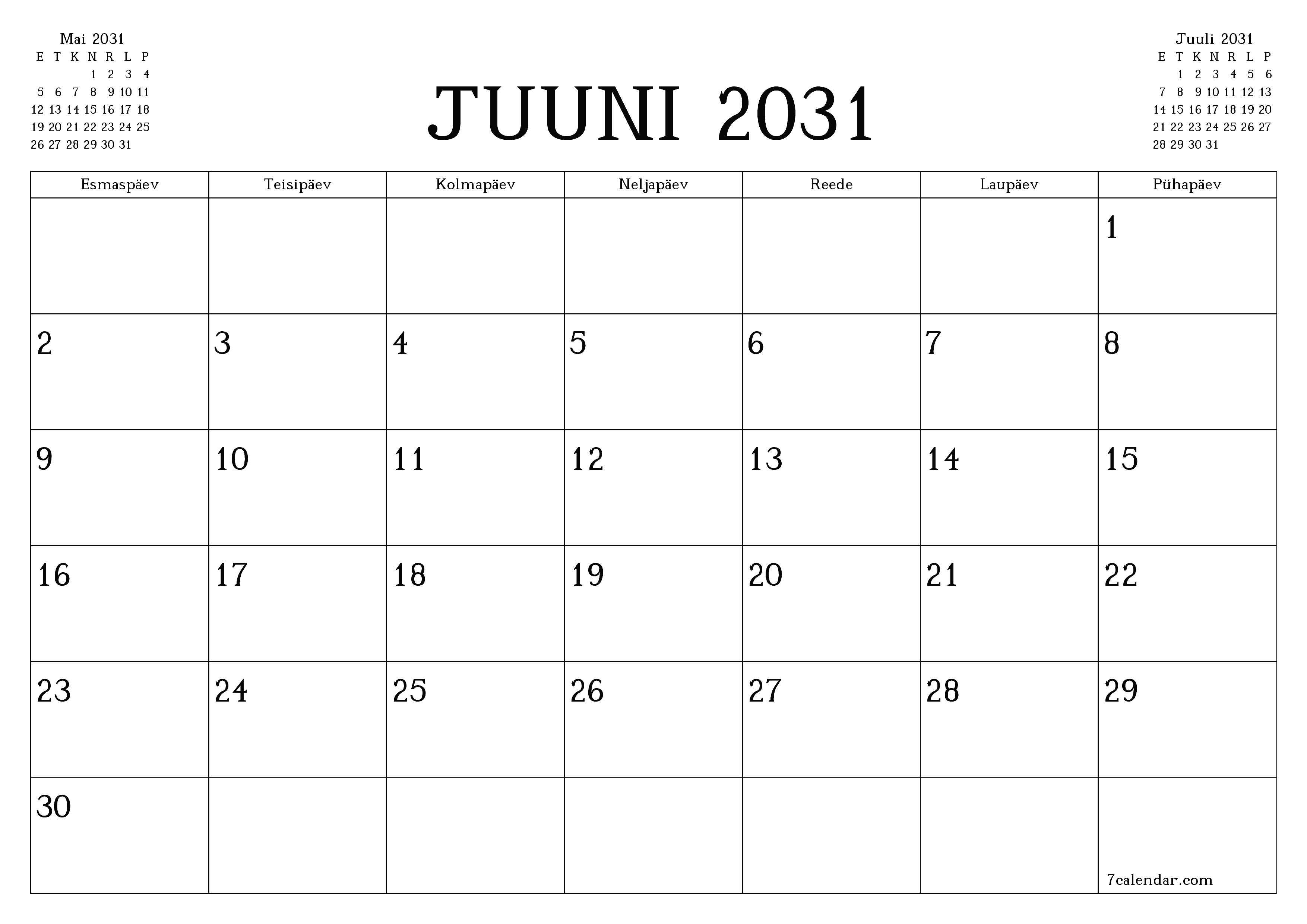 Tühjendage kuu Juuni 2031 kuuplaneerija märkmetega, salvestage ja printige PDF-i PNG Estonian