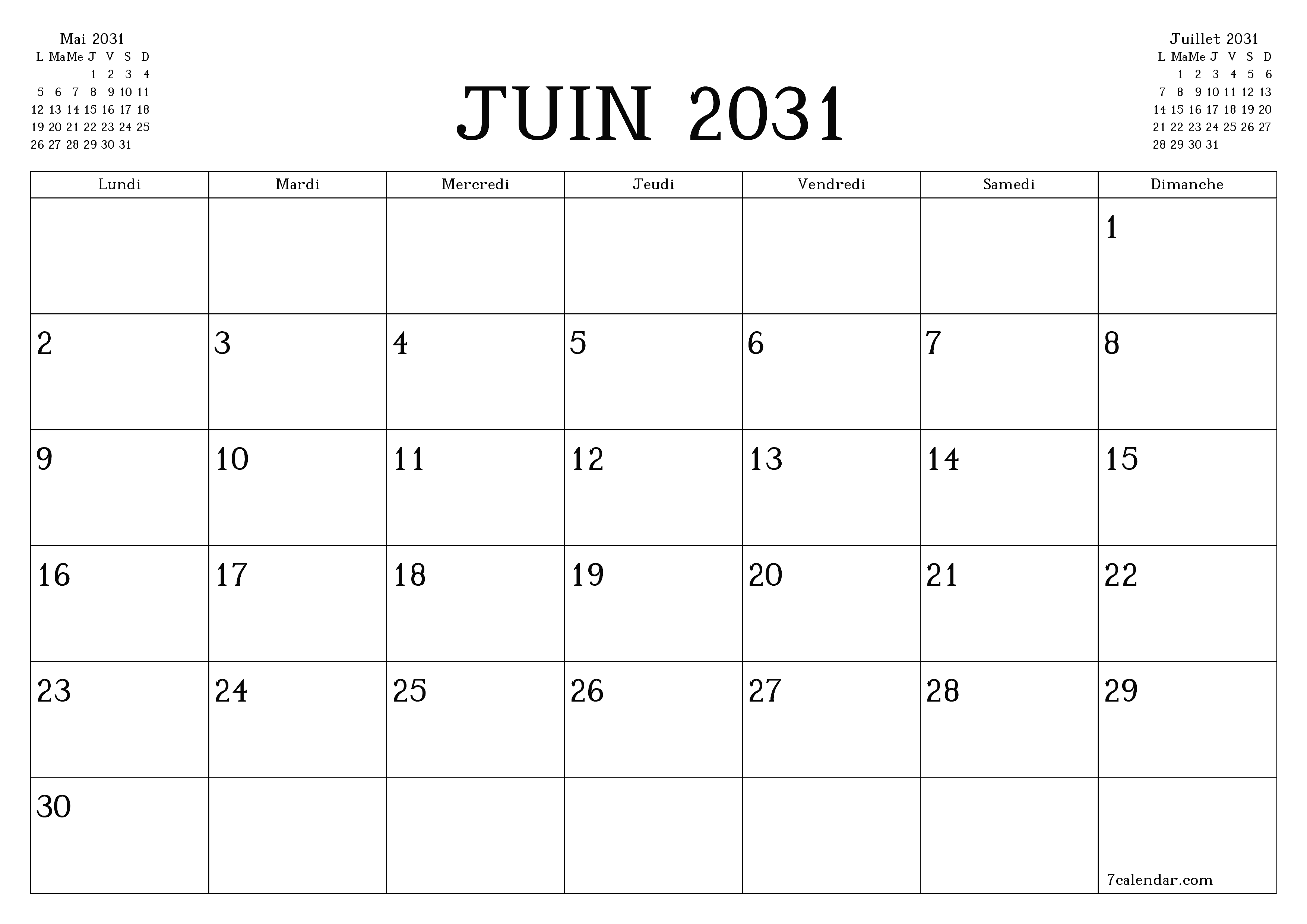 Agenda mensuel vide pour le mois Juin 2031 avec notes, enregistrez et imprimez au format PDF PNG French