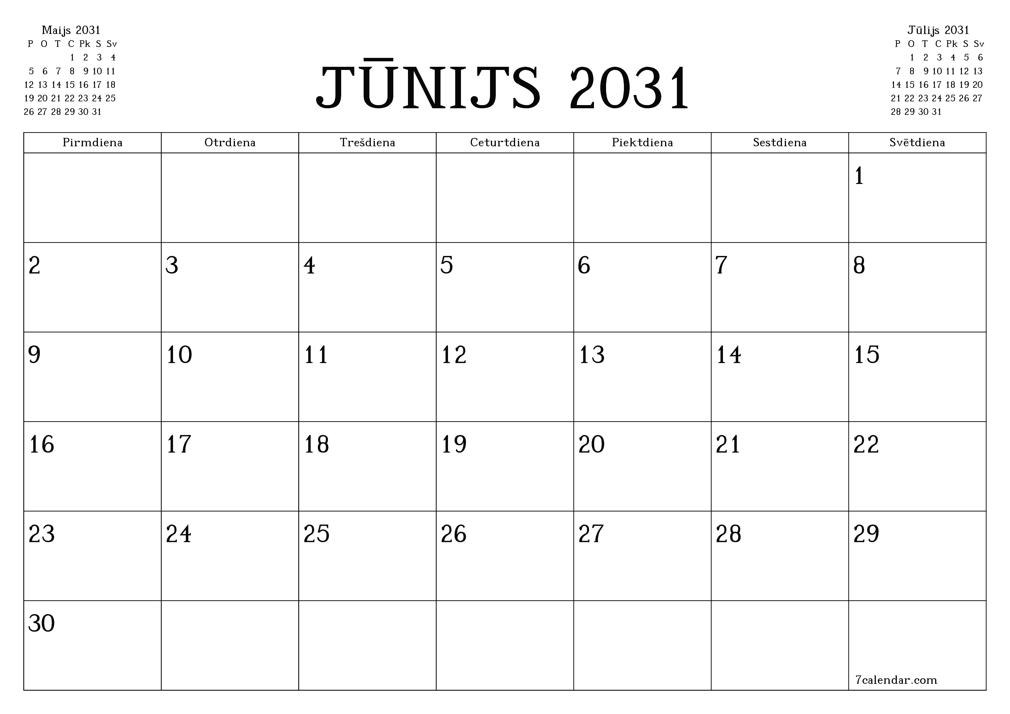 Iztukšot mēneša plānotāju mēnesim Jūnijs 2031 ar piezīmēm, saglabāt un izdrukāt PDF formātā PNG Latvian
