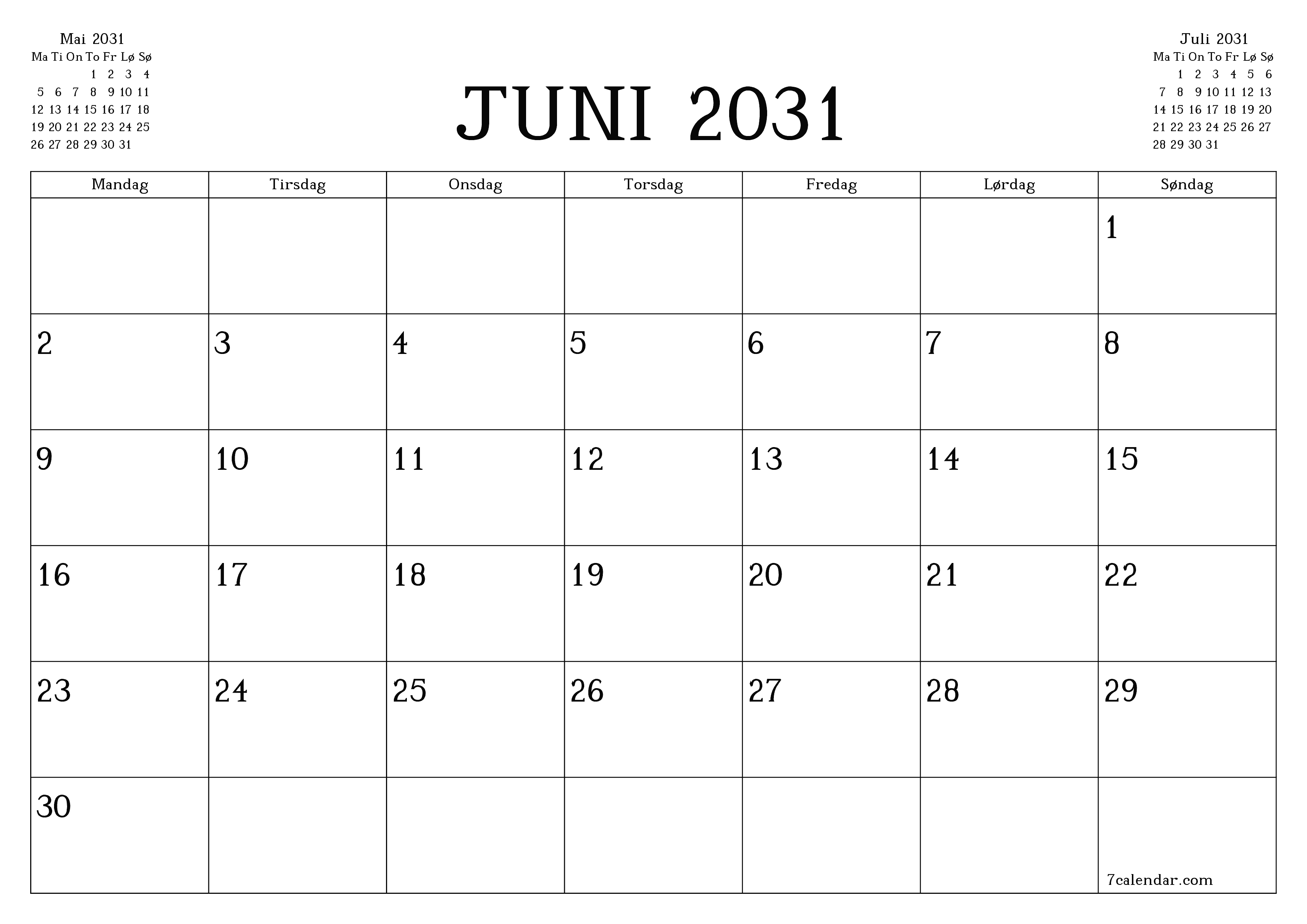 Tom månedlig planlegger for måned Juni 2031 med notater, lagre og skriv ut til PDF PNG Norwegian