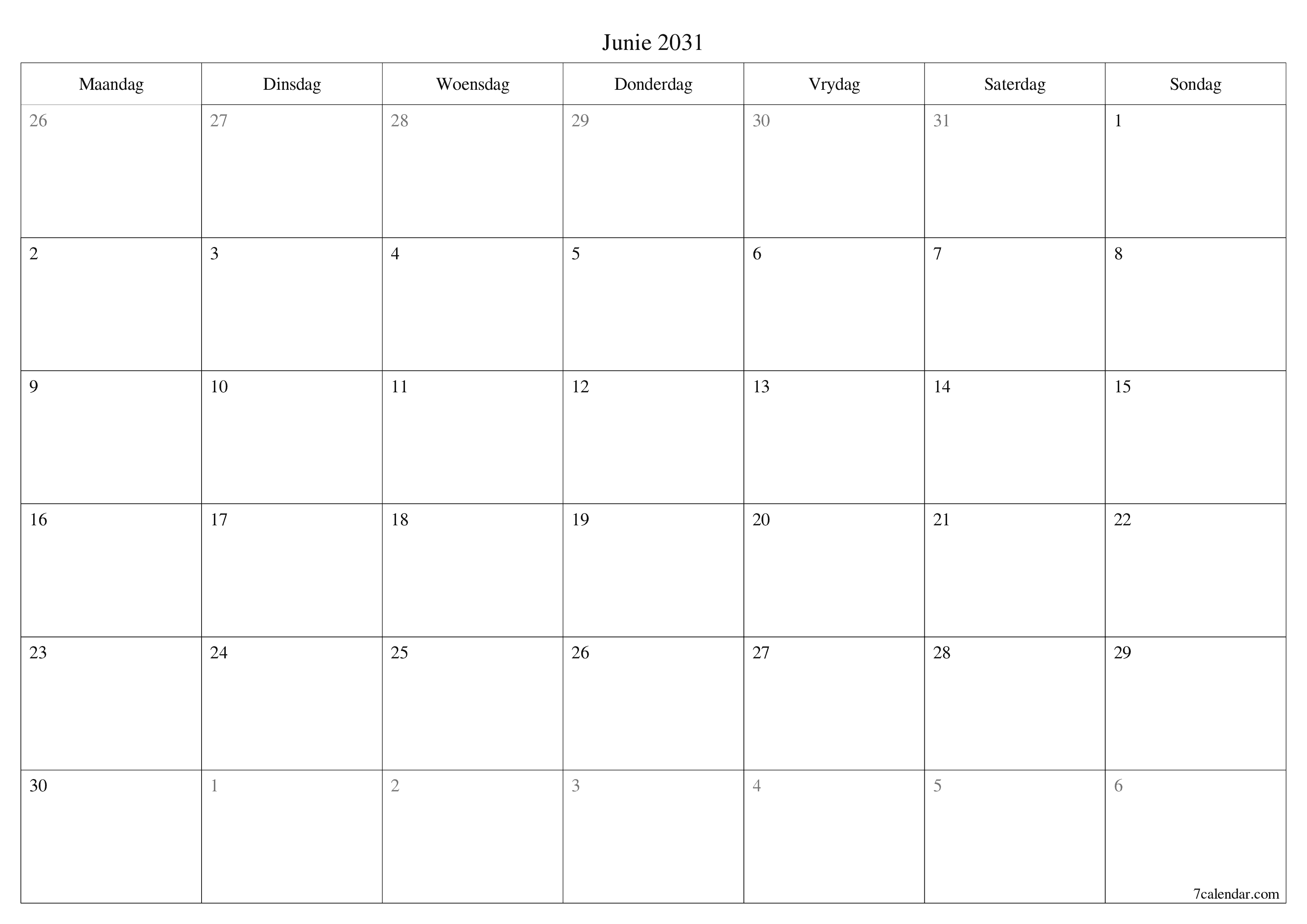 Leë maandelikse drukbare kalender en beplanner vir maand Junie 2031 met notas stoor en druk na PDF PNG Afrikaans