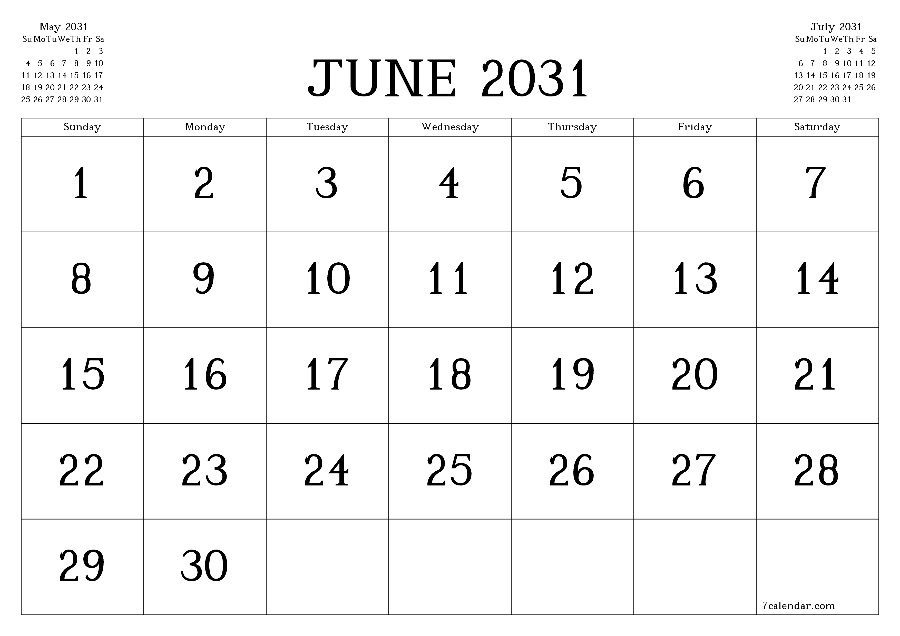Blank calendar June 2031