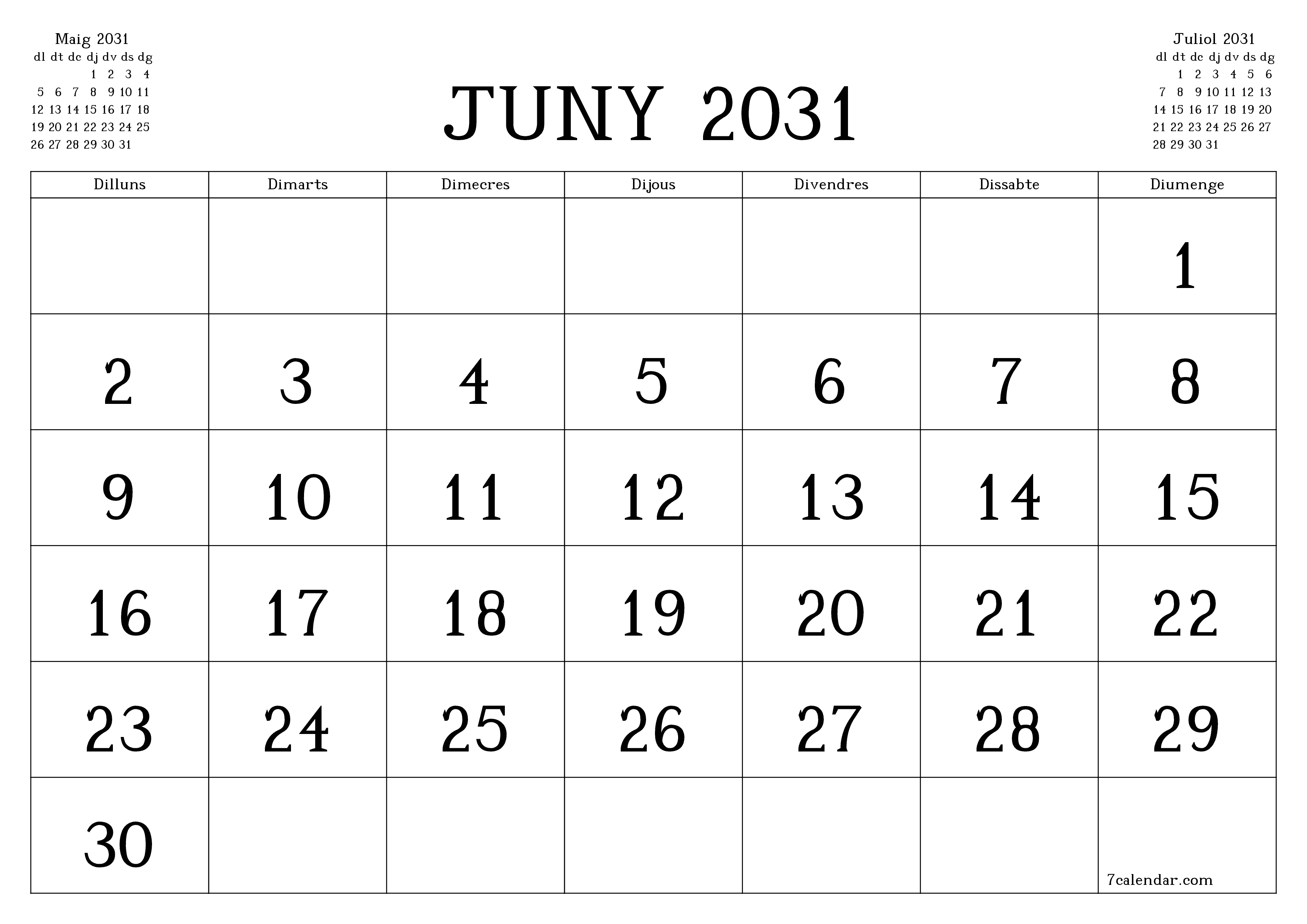 Planificador mensual buit del mes Juny 2031 amb notes, deseu-lo i imprimiu-lo en format PDF PNG Catalan