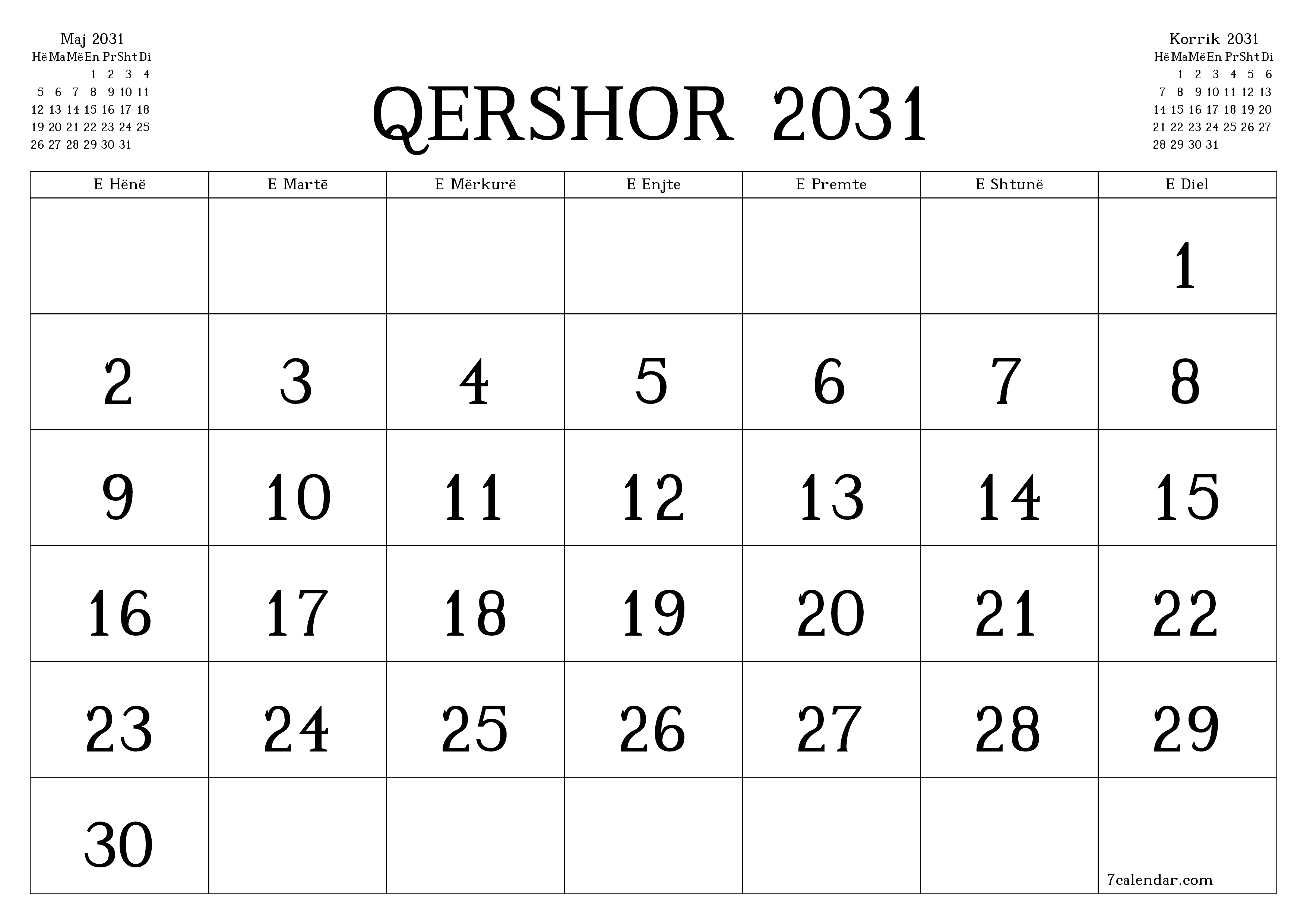 Planifikuesi i zbrazët i kalendarit mujor për muajin Qershor 2031 me shënime të ruajtura dhe të printuara në PDF PNG Albanian