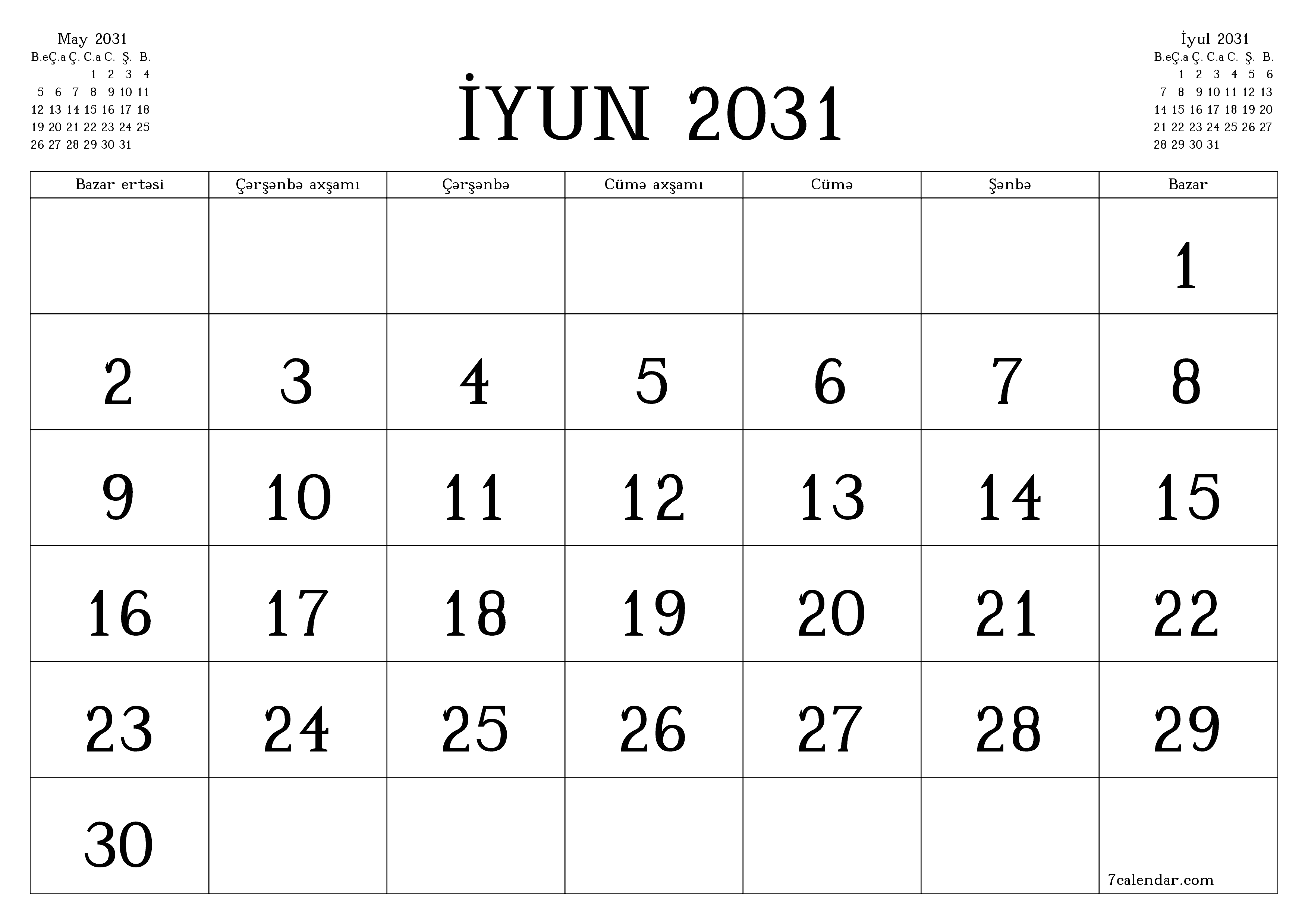 İyun 2031 ayı üçün qeydlər ilə boş aylıq planlayıcı, qeyd edin və PDF-ə yazdırın PNG Azerbaijani