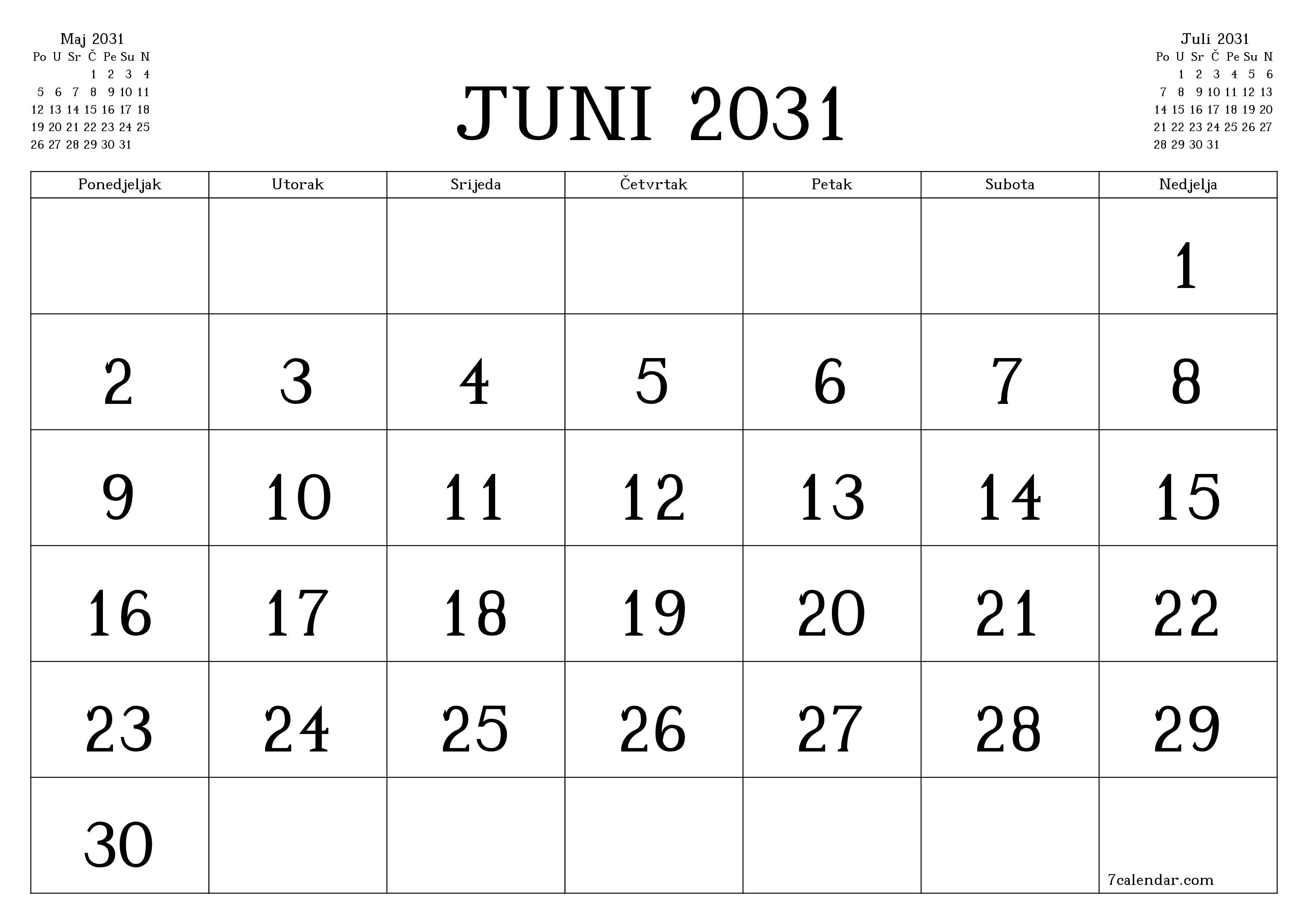 Ispraznite mjesečni planer za mjesec Juni 2031 s bilješkama, spremite i ispišite u PDF PNG Bosnian