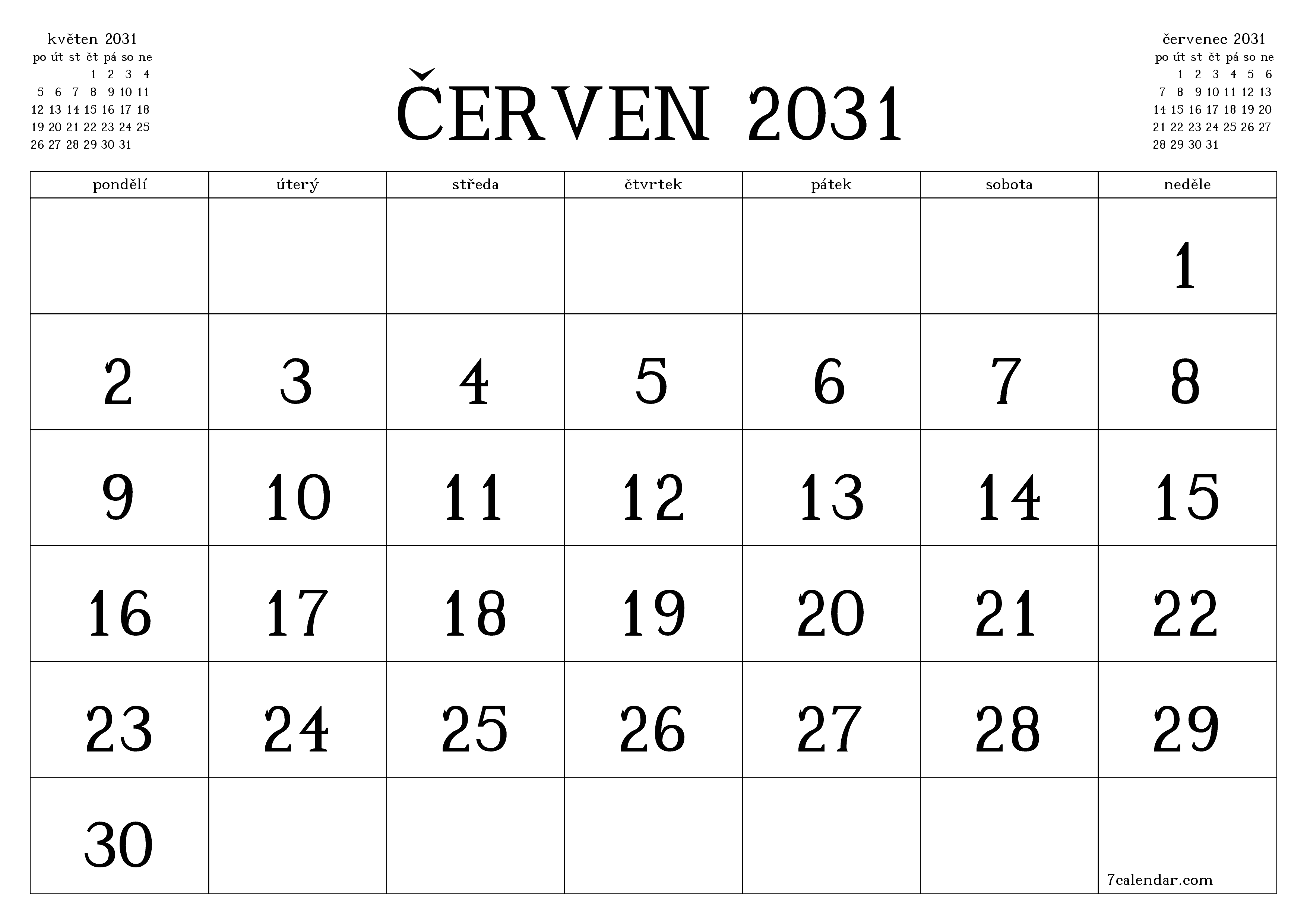 Vyprázdnit měsíční plánovač na měsíc červen 2031 s poznámkami, uložit a vytisknout do PDF PNG Czech