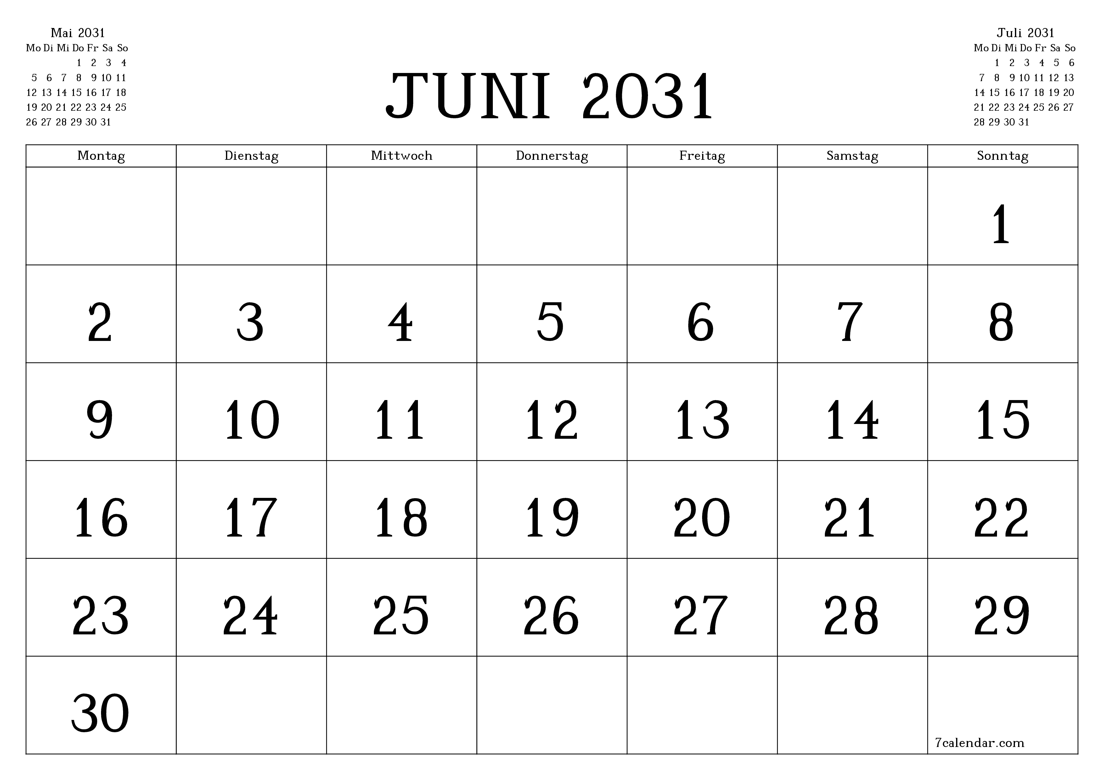 Monatsplaner für Monat Juni 2031 mit Notizen leeren, speichern und als PDF PNG German - 7calendar.com drucken