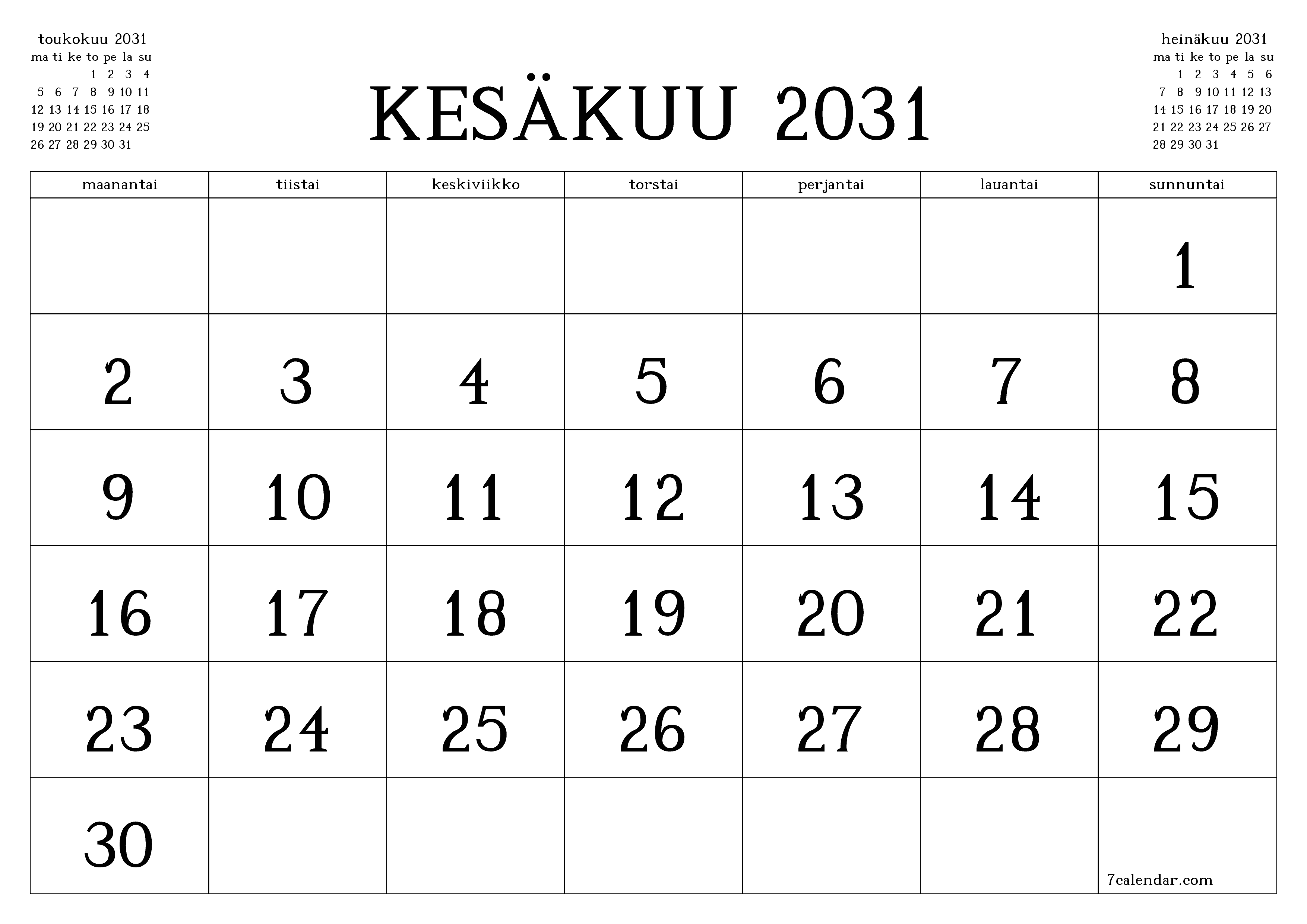 Tyhjennä kuukausittainen suunnittelija kuukaudelle Kesäkuu 2031 muistiinpanoilla, tallenna ja tulosta PDF-muotoon PNG Finnish