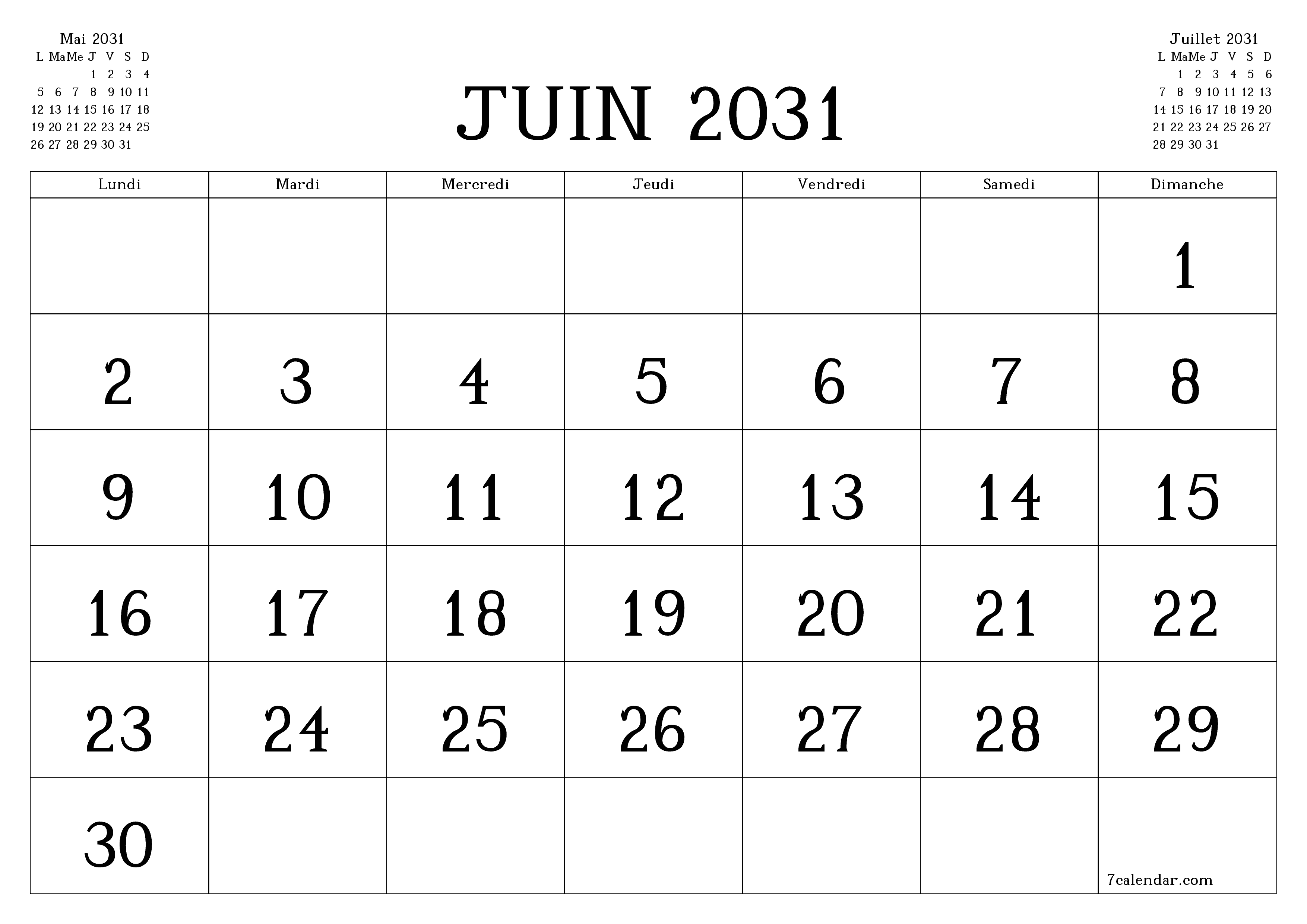 Agenda mensuel vide pour le mois Juin 2031 avec notes, enregistrez et imprimez au format PDF PNG French