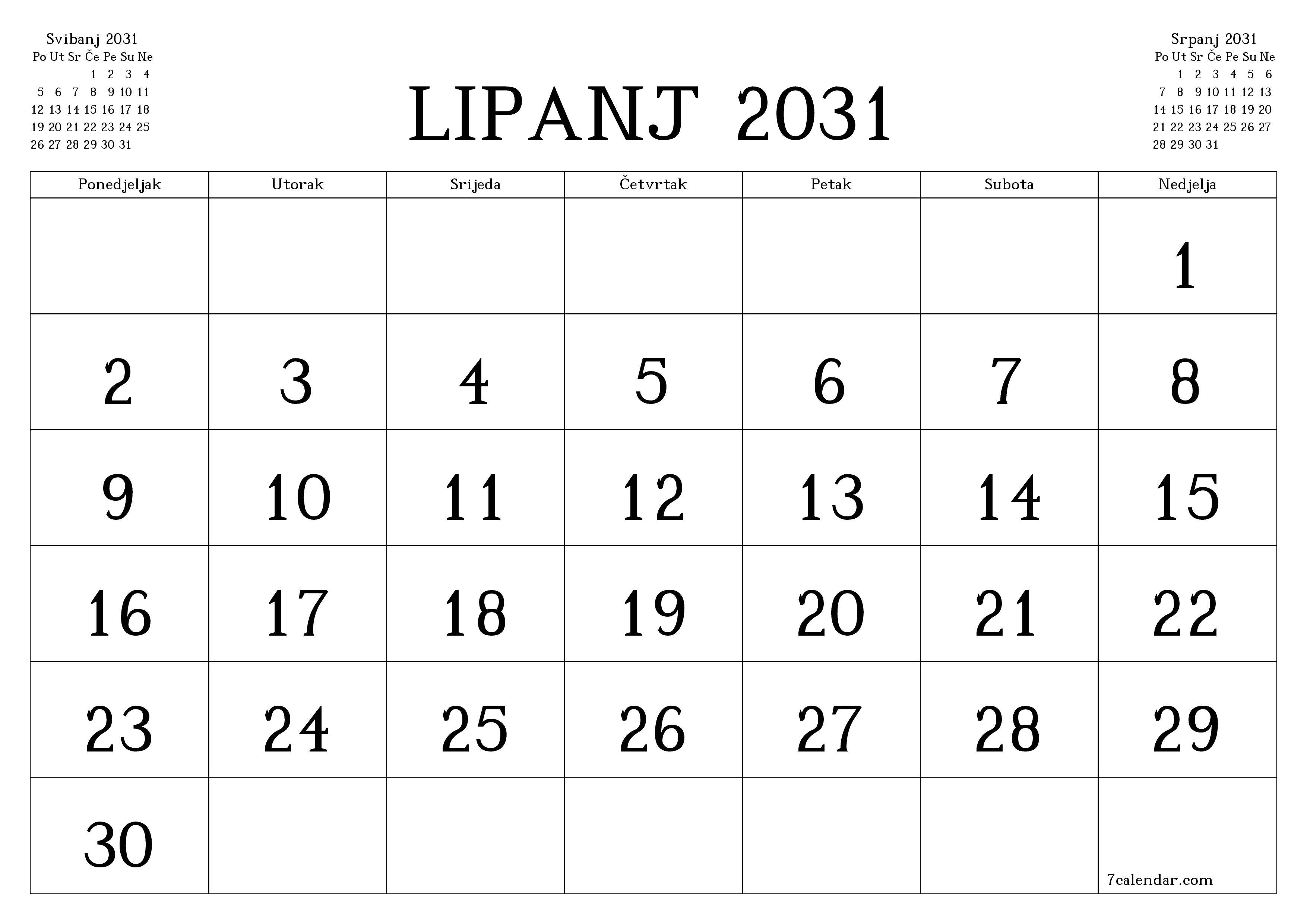 Ispraznite mjesečni planer za mjesec Lipanj 2031 s bilješkama, spremite i ispišite u PDF PNG Croatian