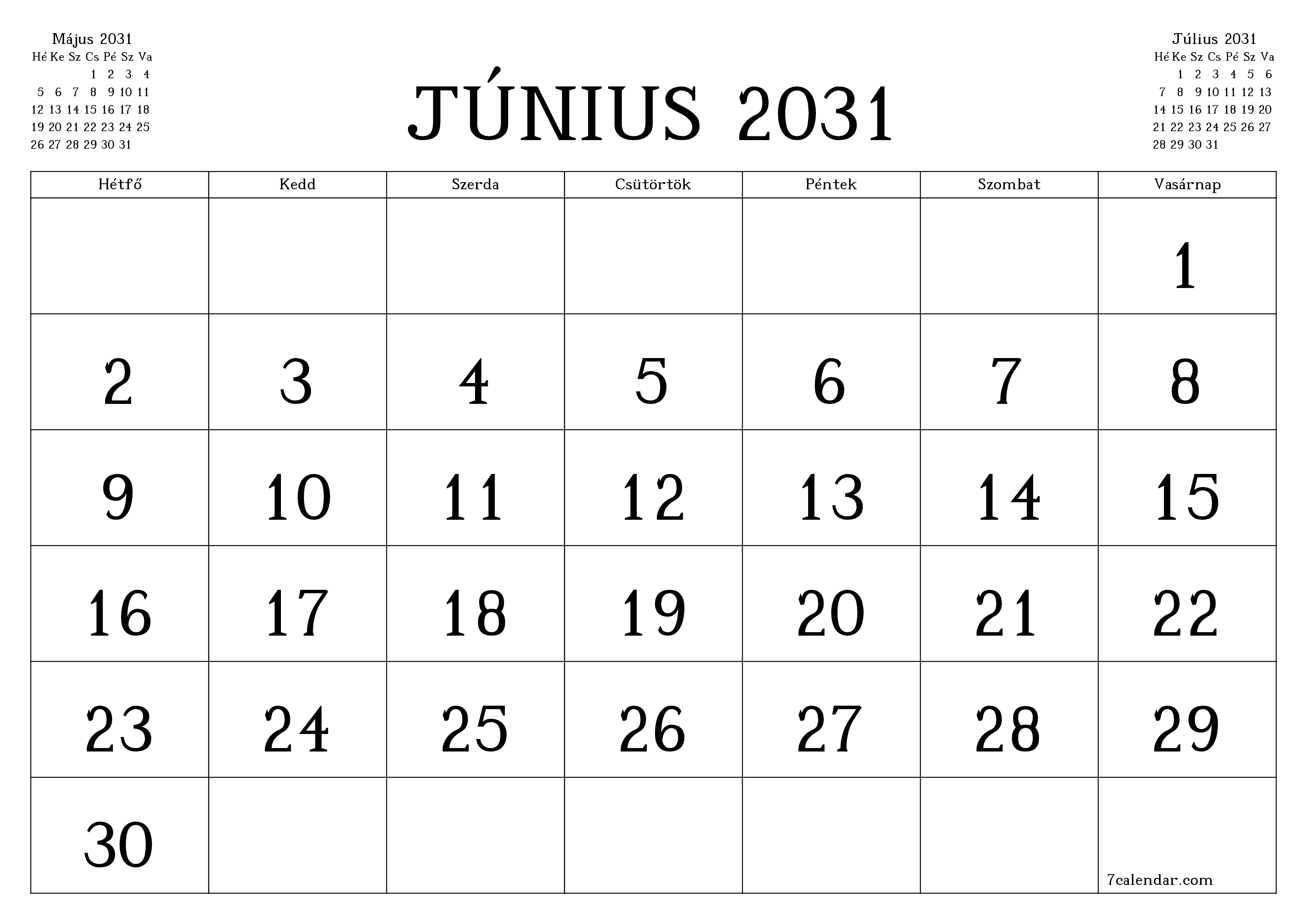 Üres havi tervező a Június 2031 hónapra jegyzetekkel, mentés és nyomtatás PDF-be PNG Hungarian