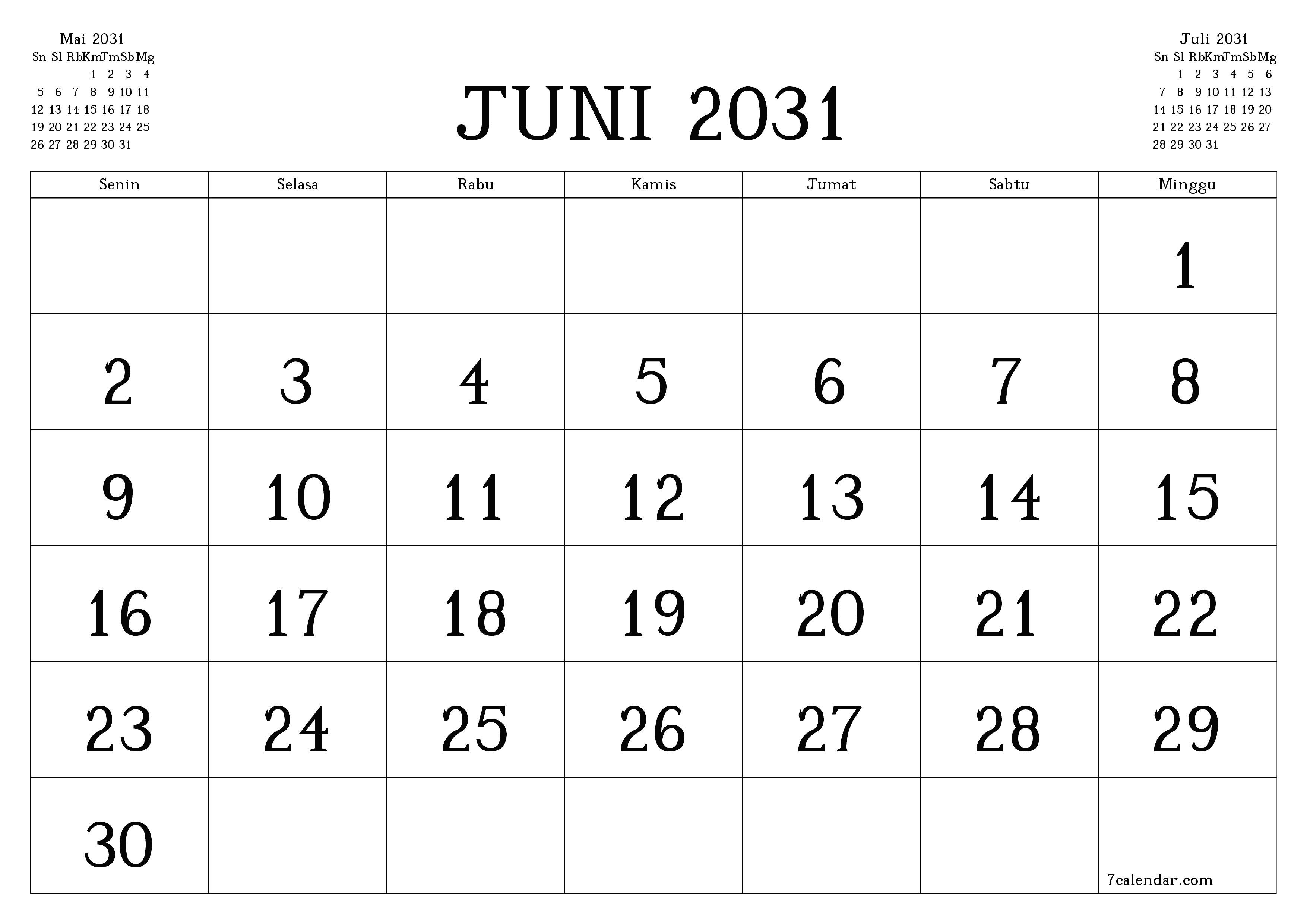 Kosongkan agenda bulanan untuk bulan Juni 2031 dengan catatan, simpan dan cetak ke PDF PNG Indonesian