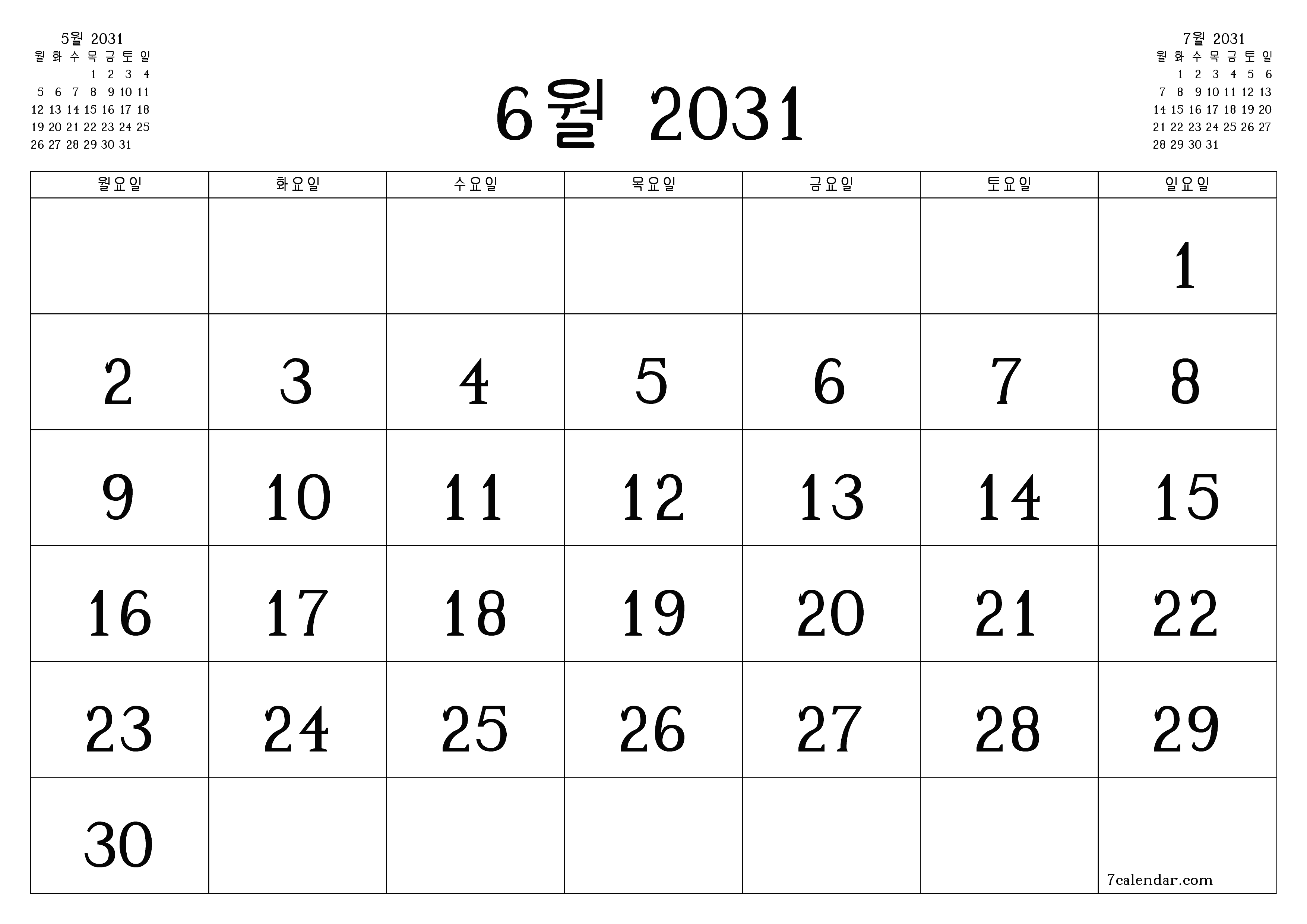 메모가있는 6월 2031 월의 월간 플래너 비우기, PDF PNG Korean-7calendar.com으로 저장 및 인쇄