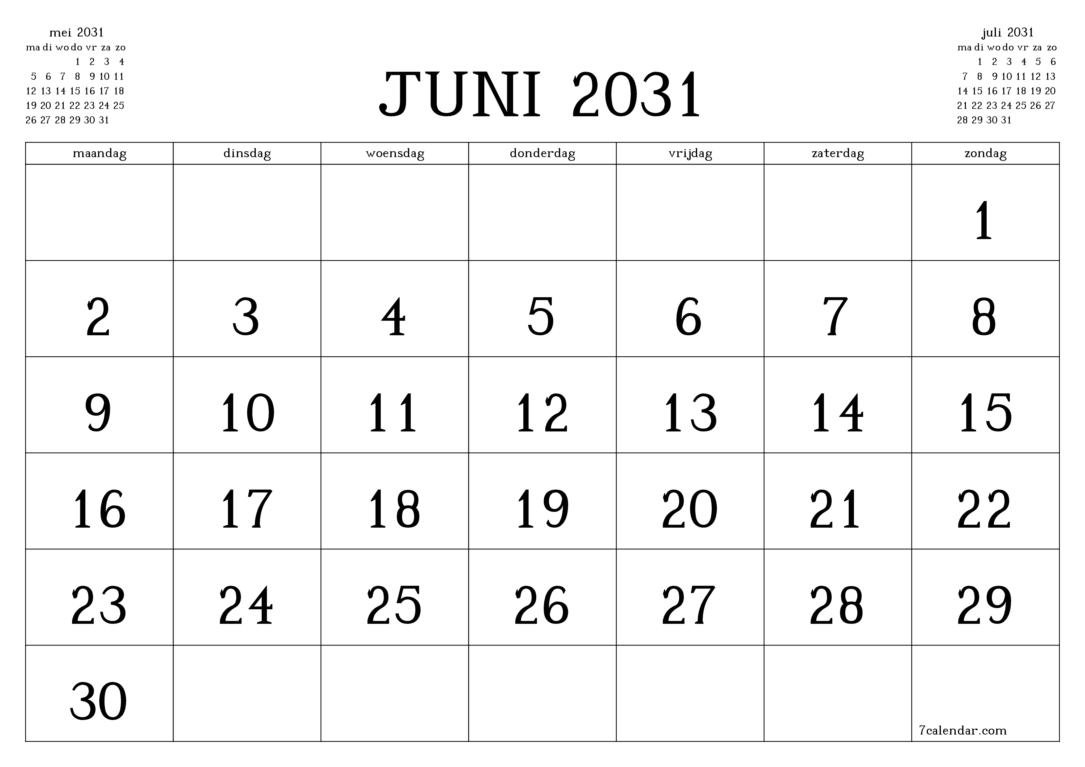 Lege maandplanner voor maand juni 2031 met notities, opslaan en afdrukken naar pdf PNG Dutch