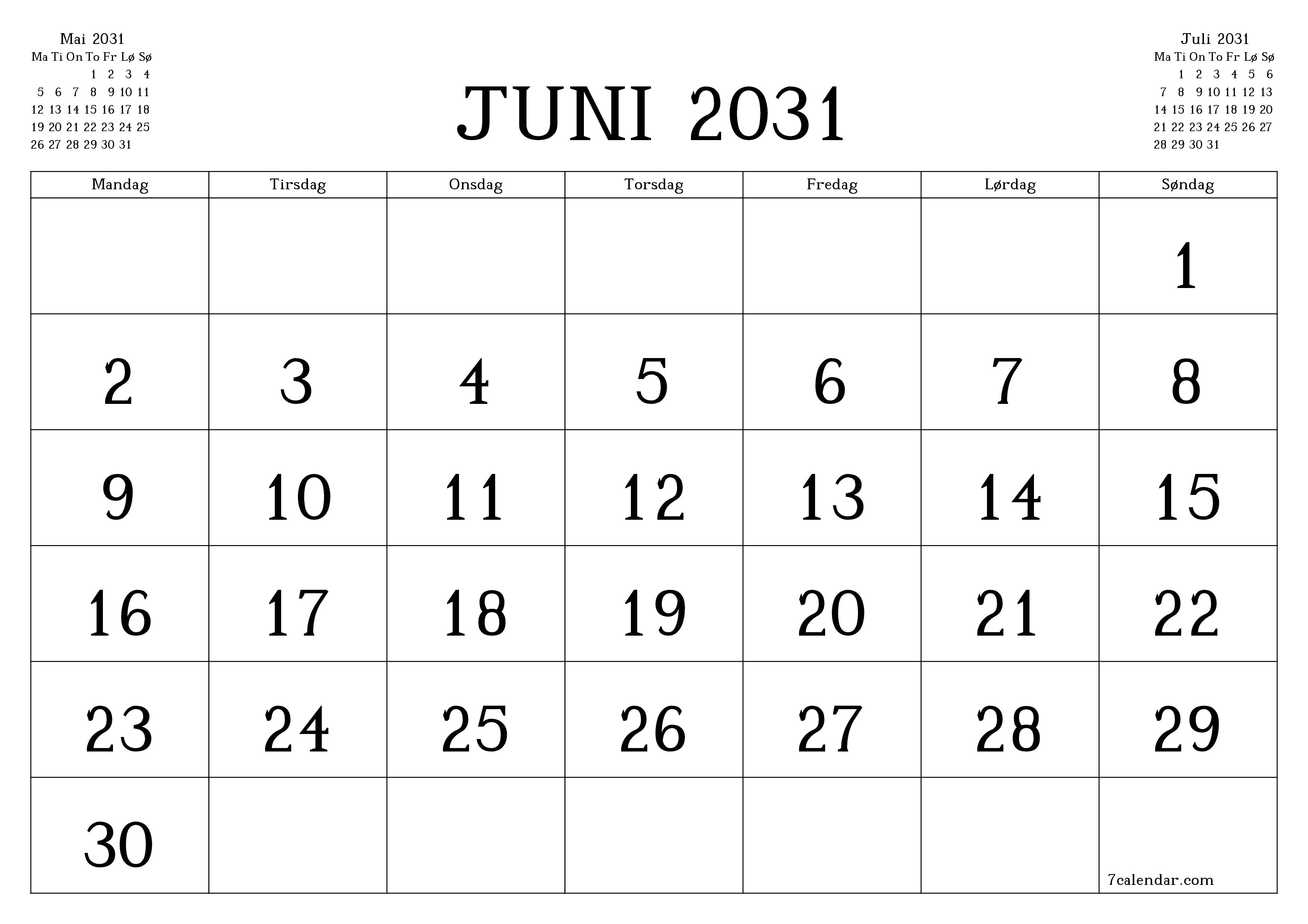 Tom månedlig planlegger for måned Juni 2031 med notater, lagre og skriv ut til PDF PNG Norwegian