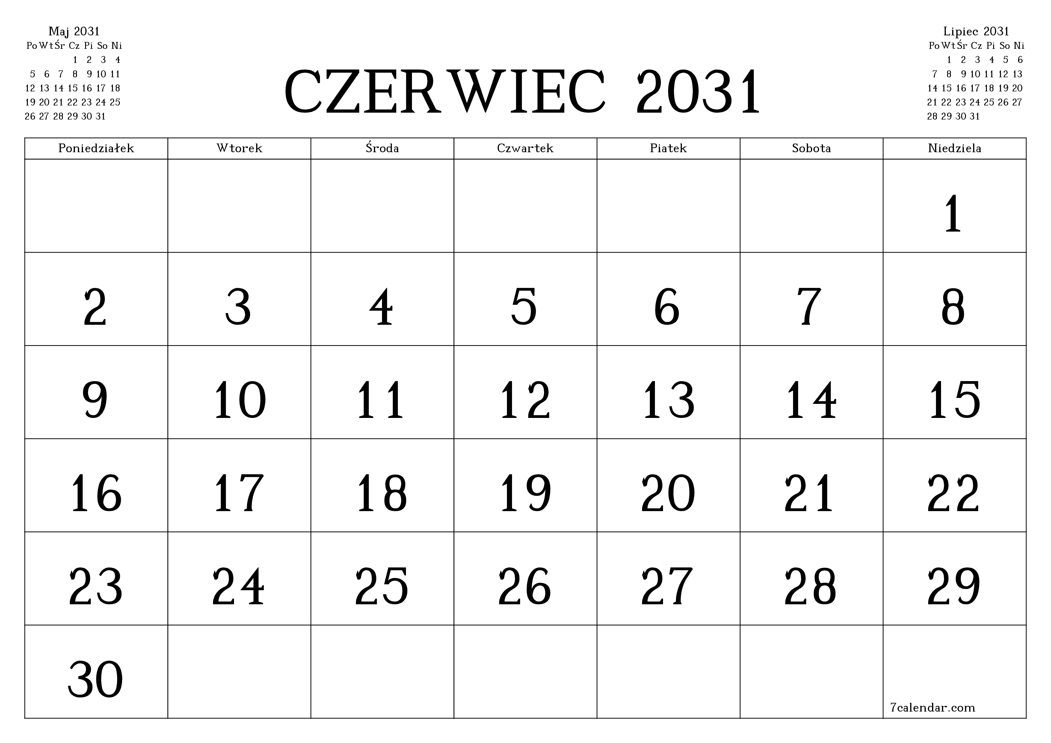 Opróżnij miesięczny planer na miesiąc Czerwiec 2031 z notatkami, zapisz i wydrukuj w formacie PDF PNG Polish