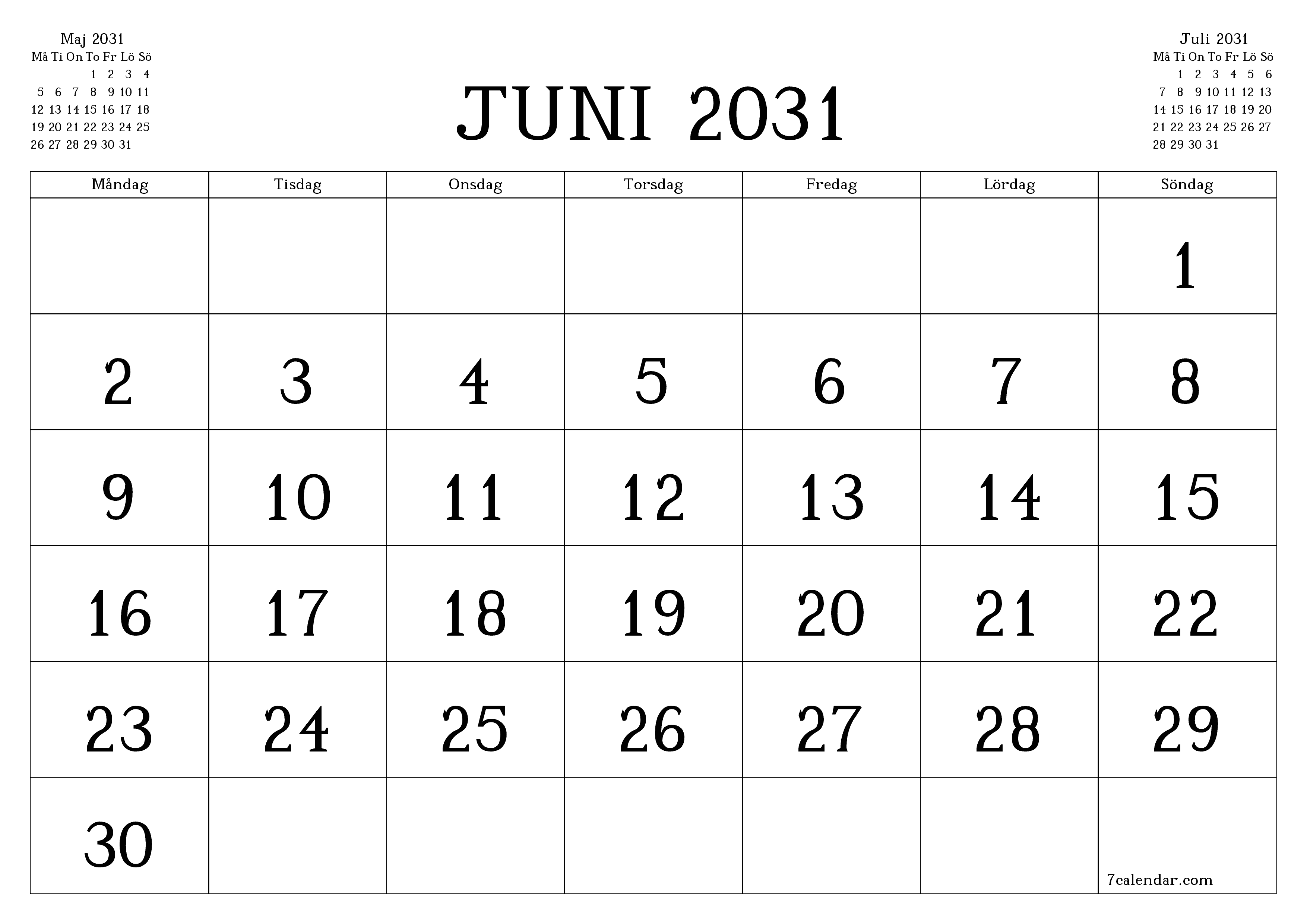Tom månadsplanerare för månad Juni 2031 med anteckningar, spara och skriv ut till PDF PNG Swedish