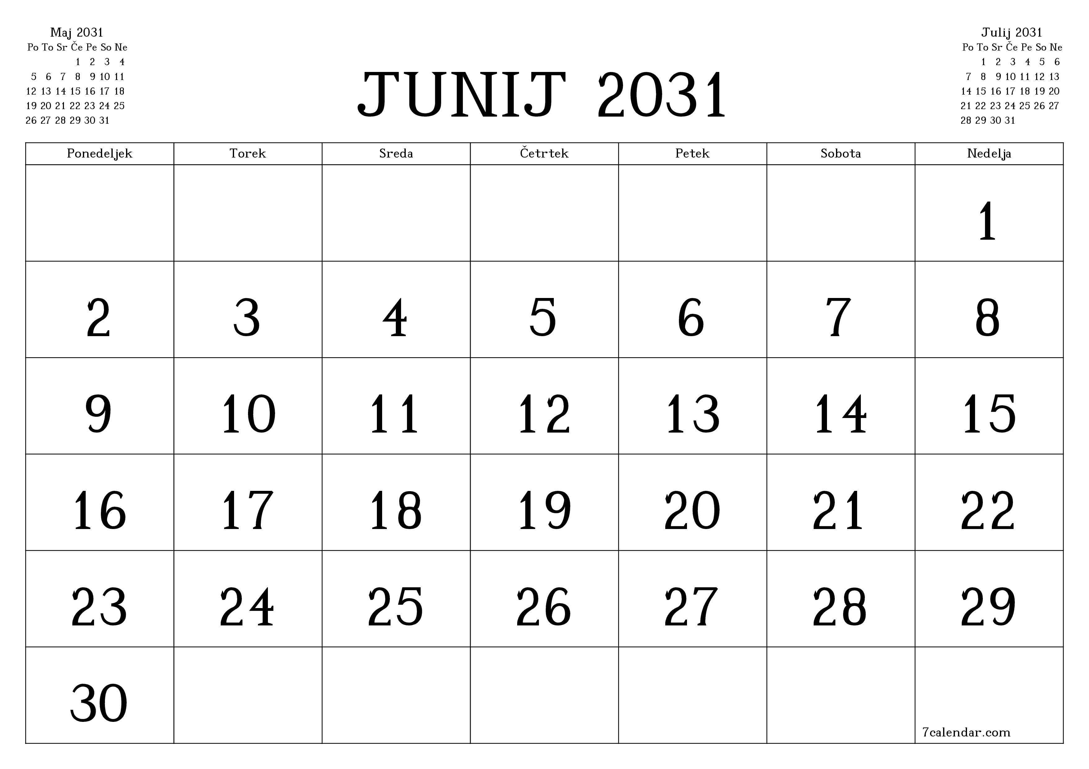 Prazen mesečni načrtovalec koledarja za mesec Junij 2031 z opombami, natisnjenimi v PDF PNG Slovenian