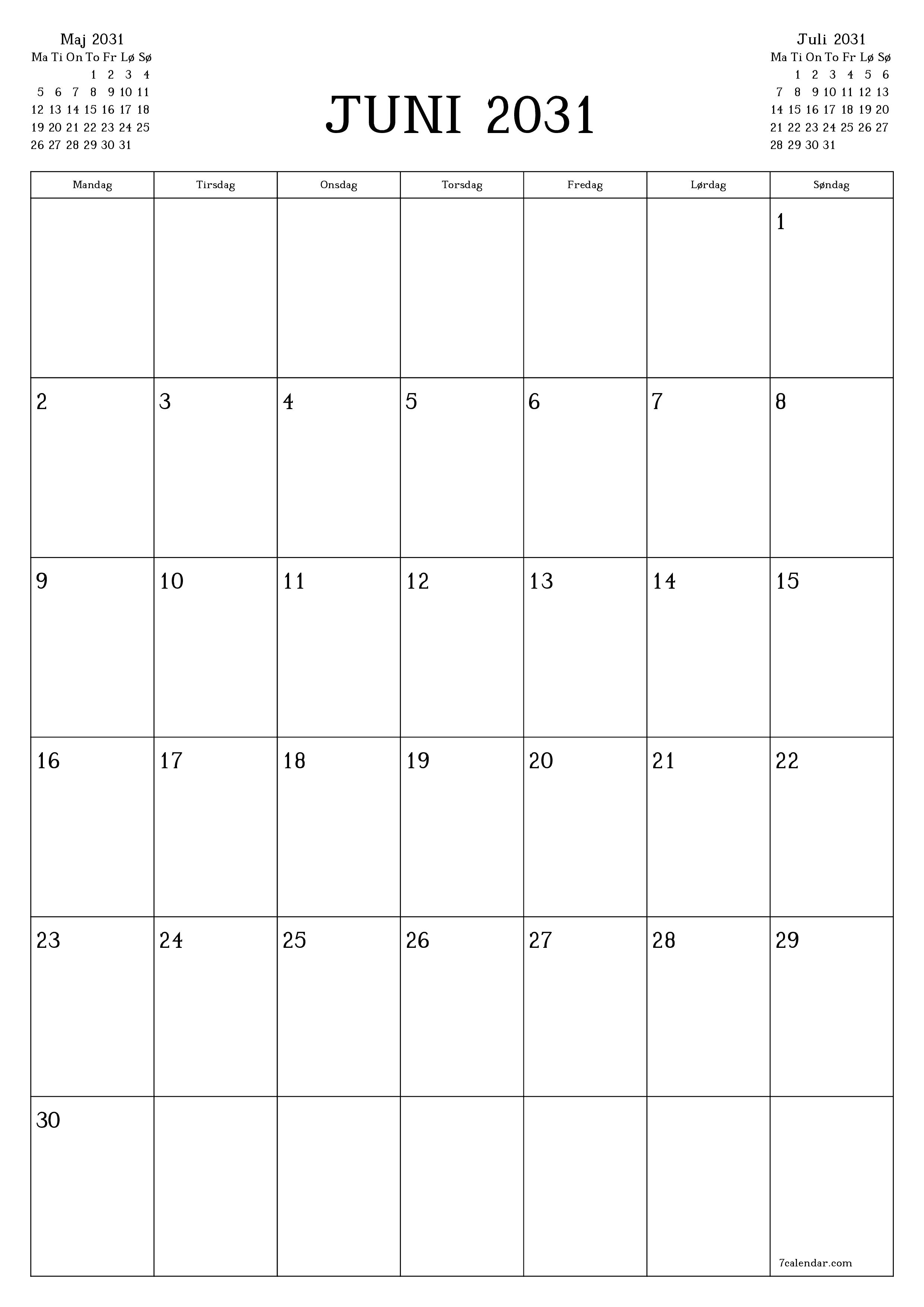 udskrivbar væg skabelon gratis lodret Månedlig planlægger kalender Juni (Jun) 2031