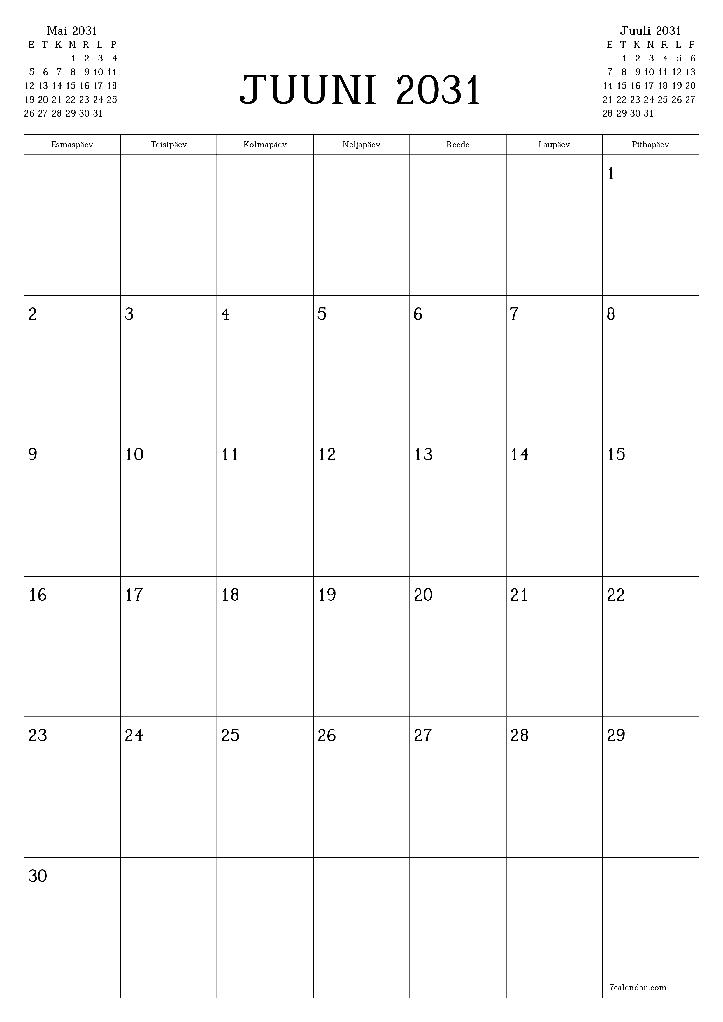 prinditav seina kalendri mall tasuta vertikaalne Igakuine planeerija kalender Juuni (Juuni) 2031
