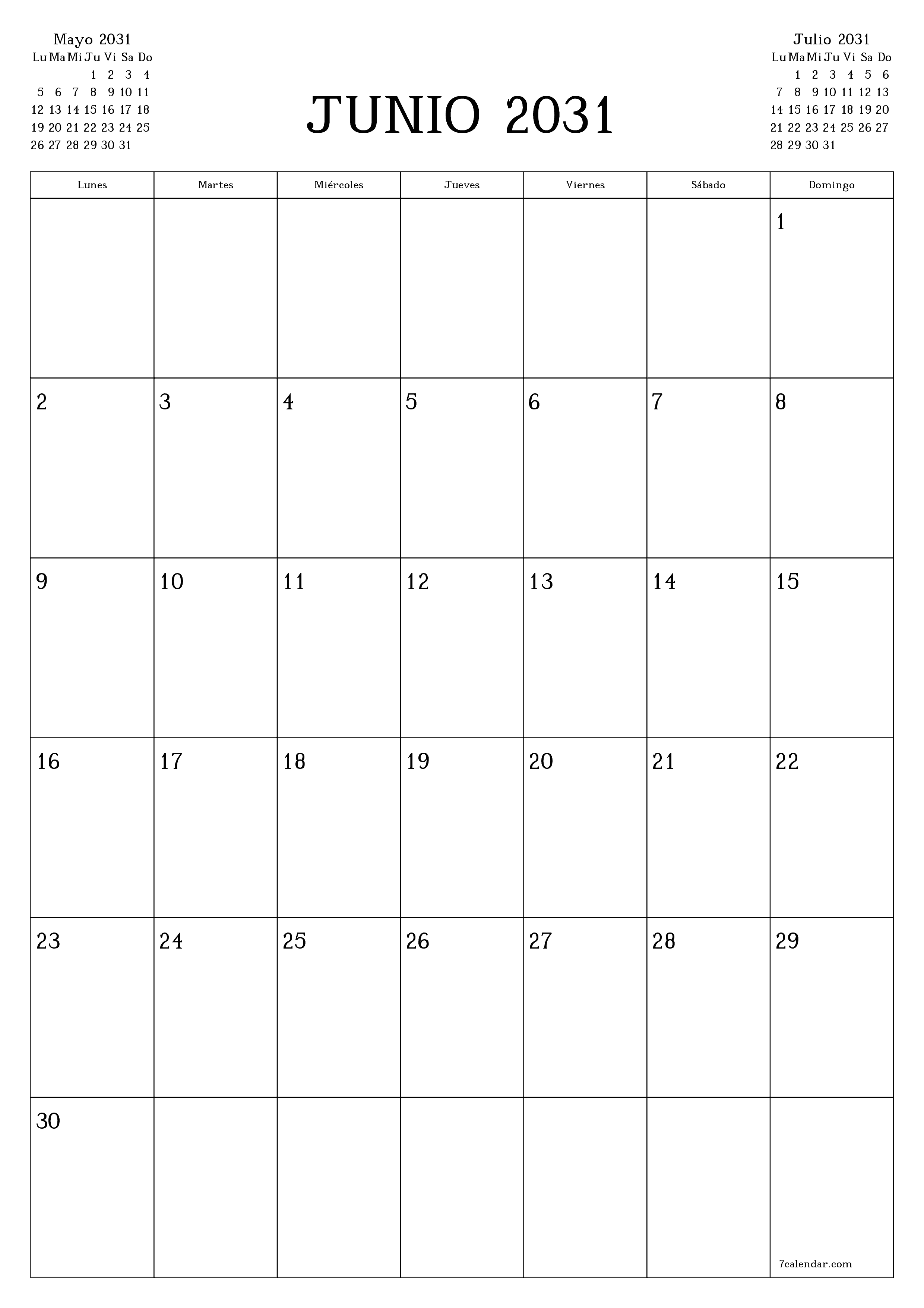  imprimible de pared plantilla de gratisvertical Mensual planificador calendario Junio (Jun) 2031