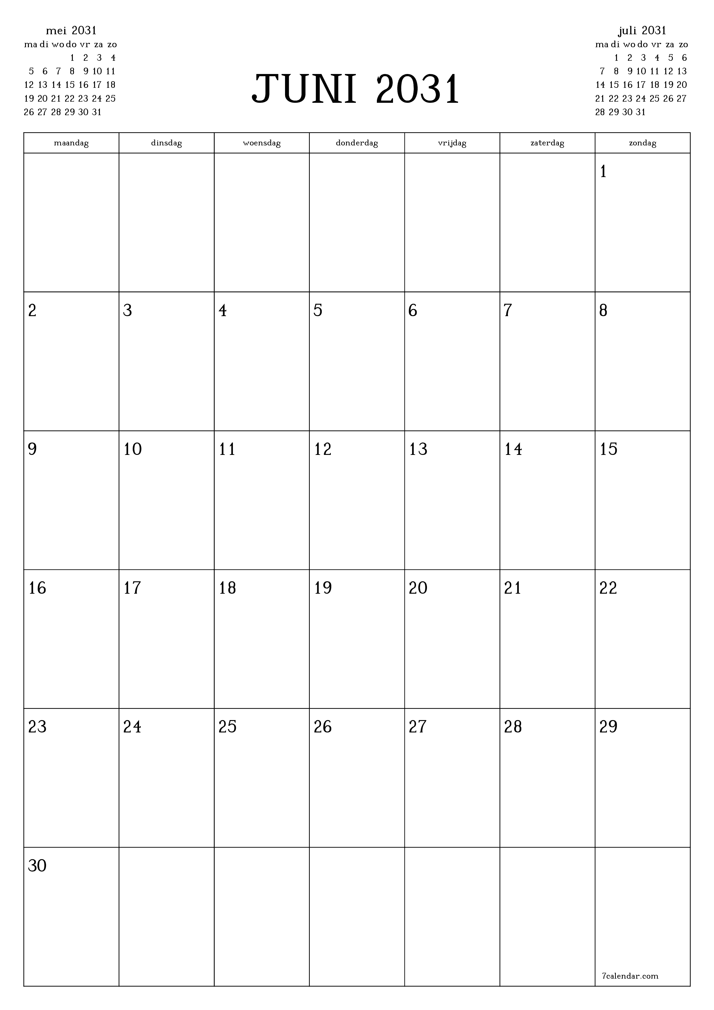 afdrukbare muur sjabloon gratis verticaal Maandelijks planner kalender juni (jun) 2031