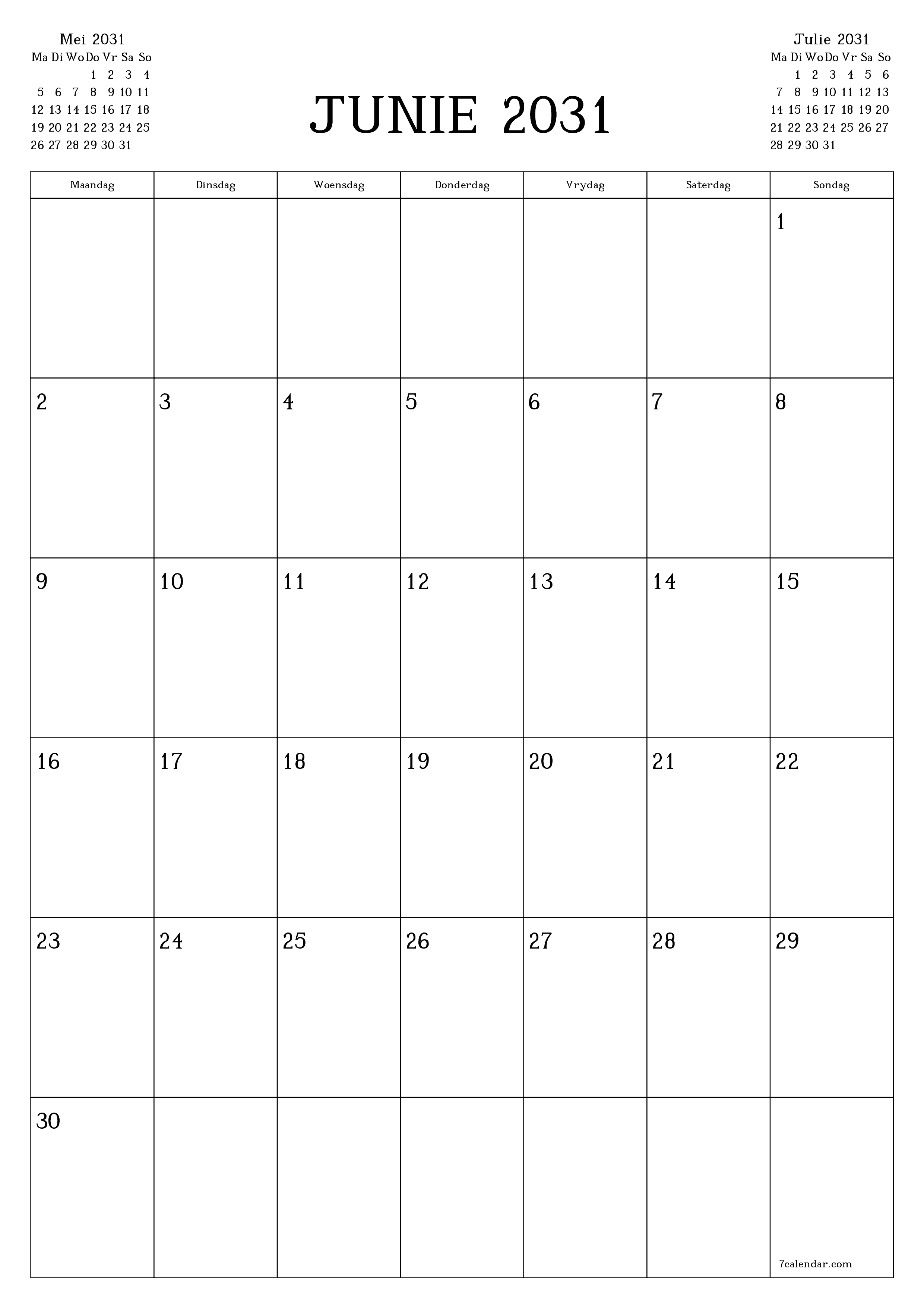 drukbare muur template gratis vertikaal Maandeliks beplanner kalender Junie (Jun) 2031