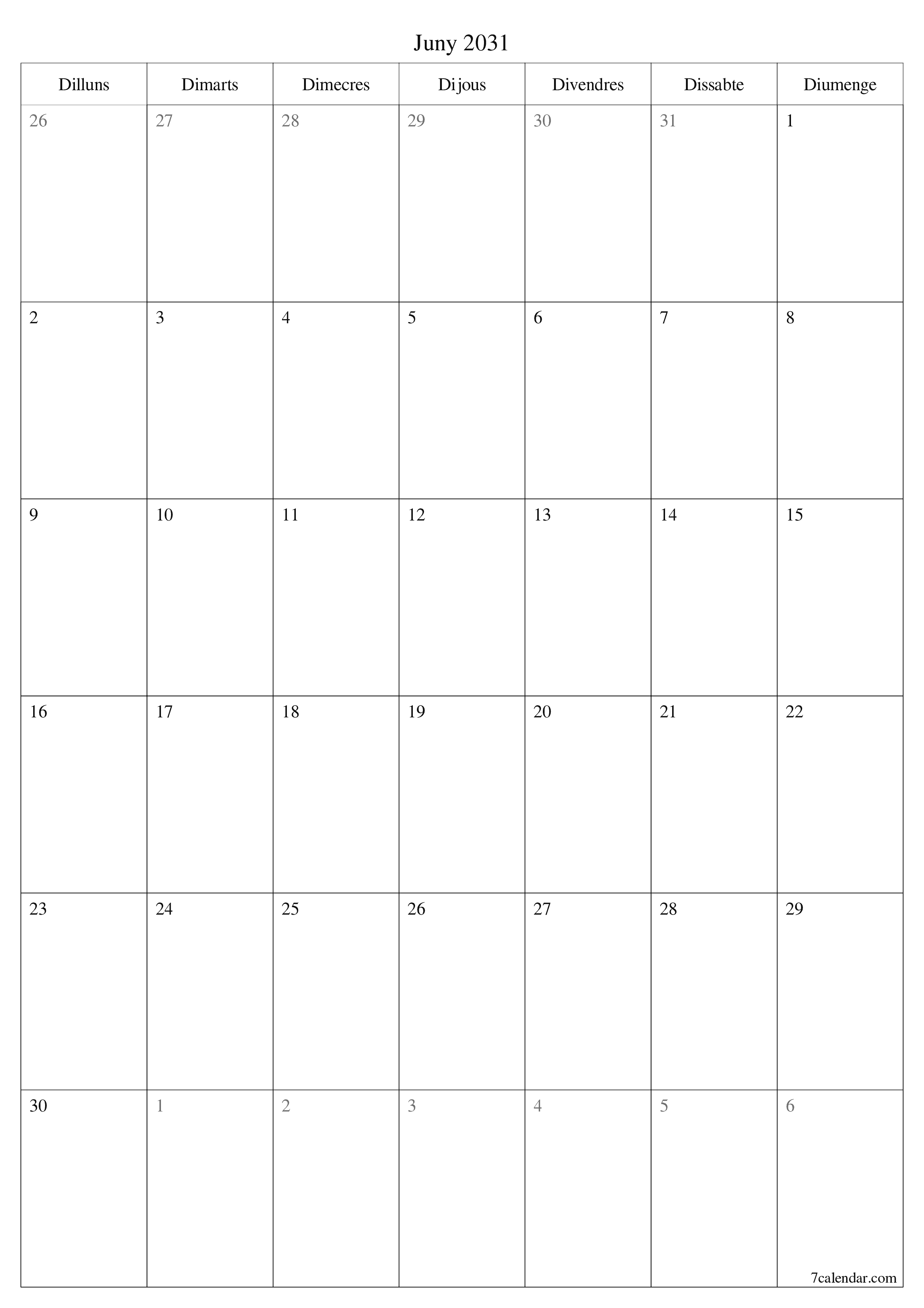 Planificador mensual buit del mes Juny 2031 amb notes, deseu-lo i imprimiu-lo en format PDF PNG Catalan
