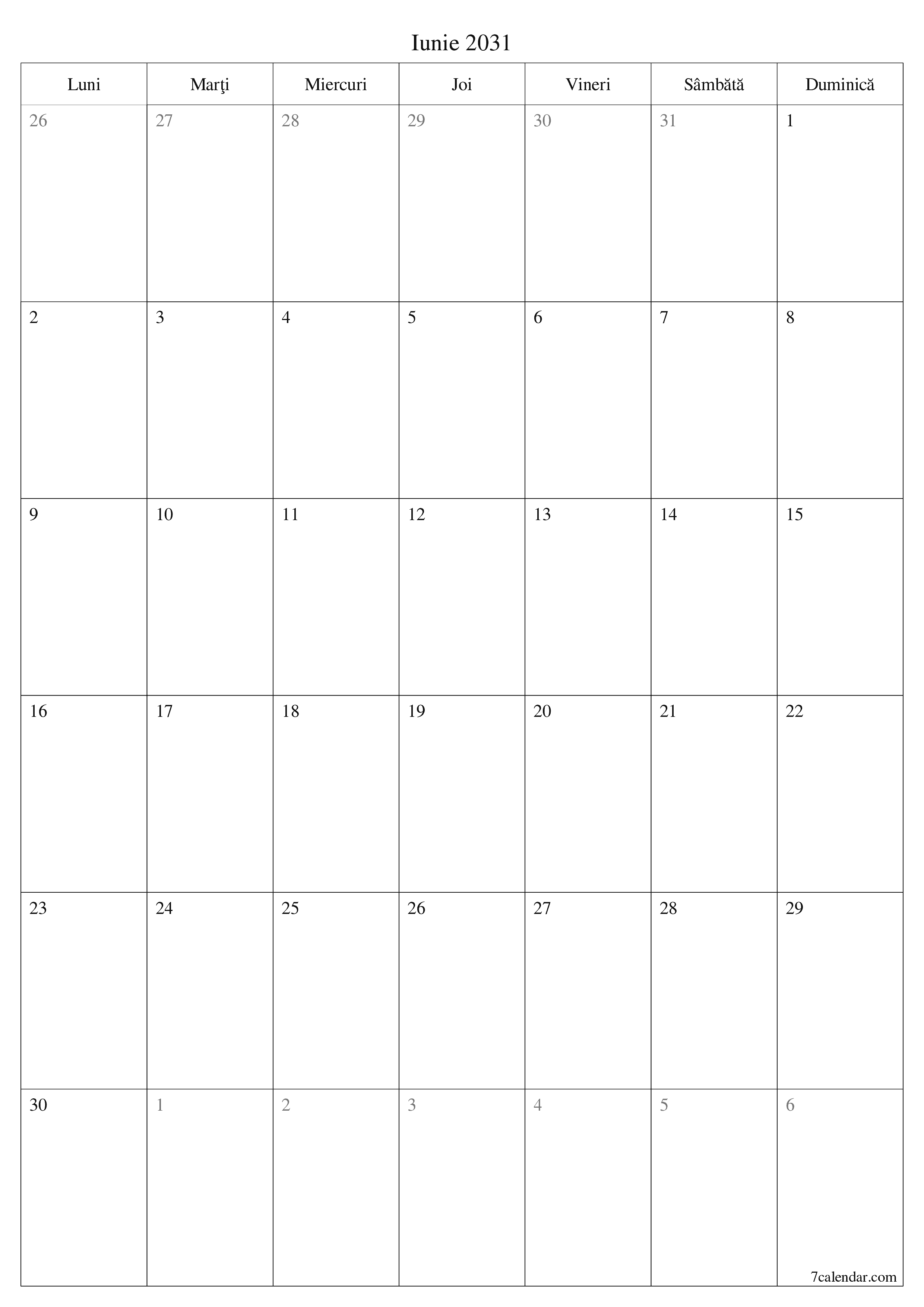  imprimabil de perete șablon de gratuitvertical Lunar planificator calendar Iunie (Iun) 2031