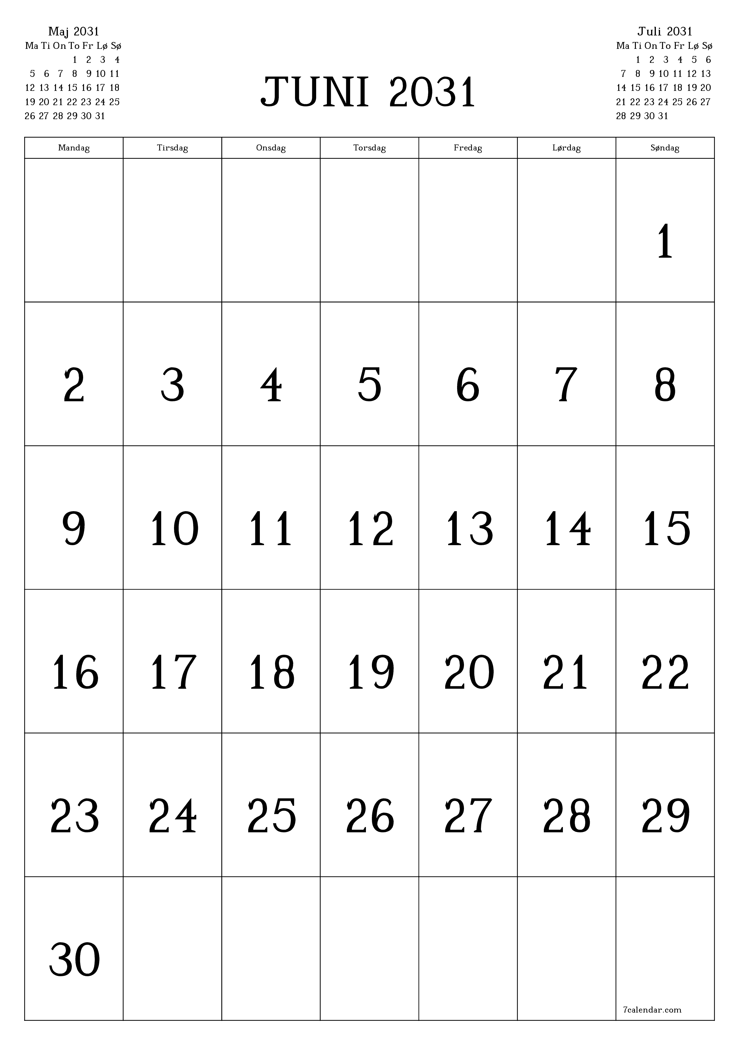 udskrivbar væg skabelon gratis lodret Månedlig kalender Juni (Jun) 2031