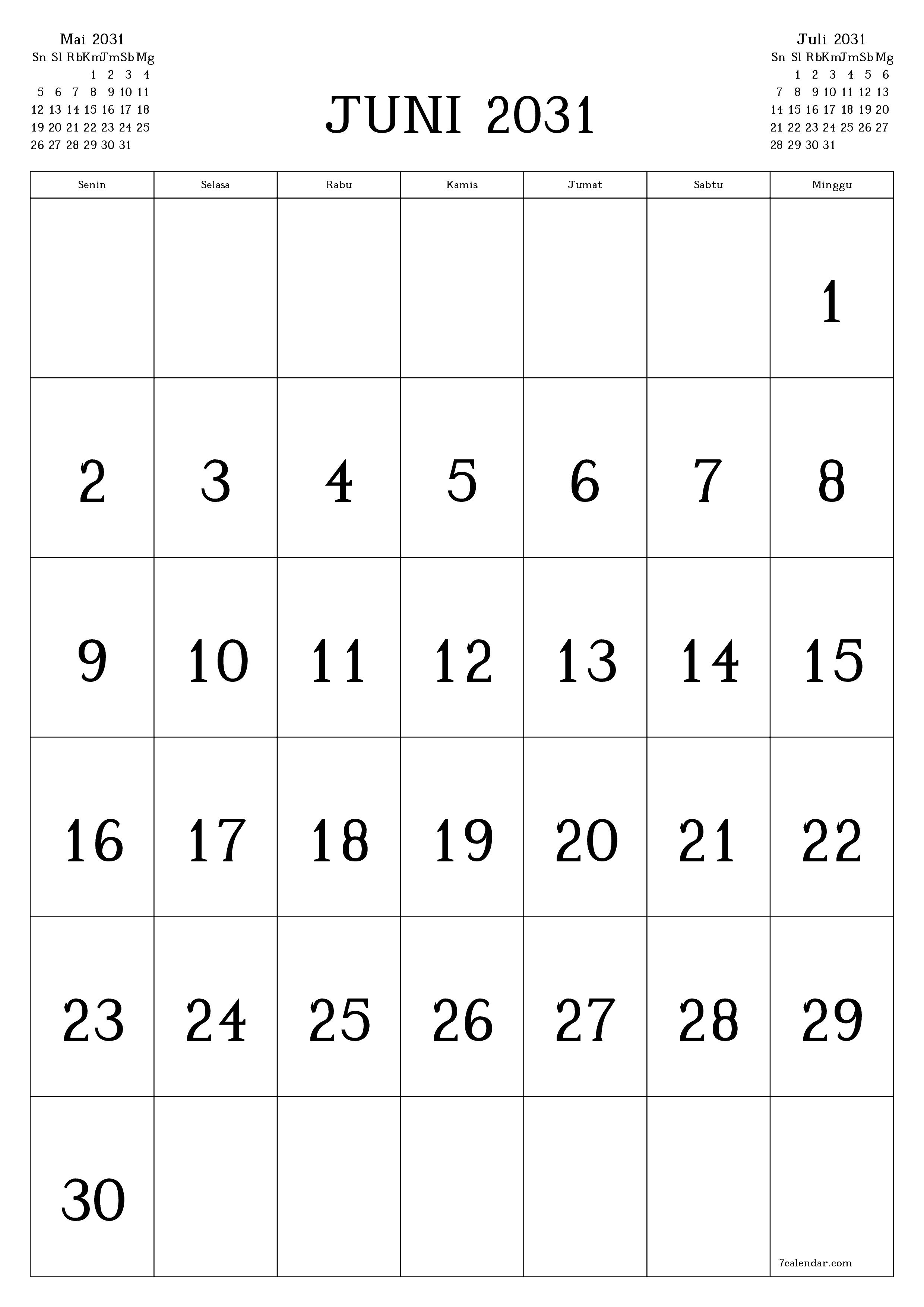  yang dapat dicetak dinding templat gratisvertikal Bulanan kalender Juni (Jun) 2031
