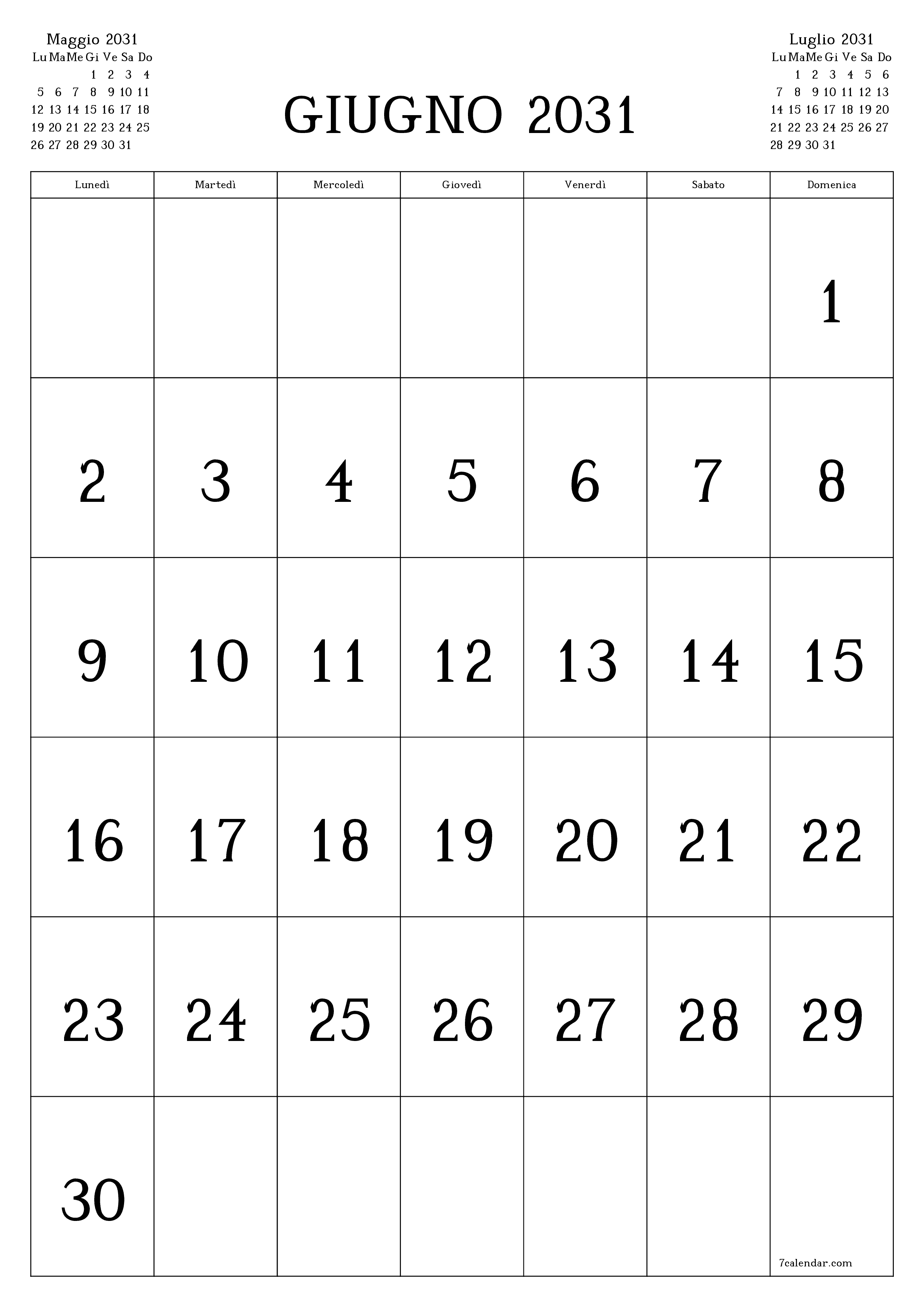  stampabile da parete modello di gratuitoverticale Mensile calendario Giugno (Giu) 2031