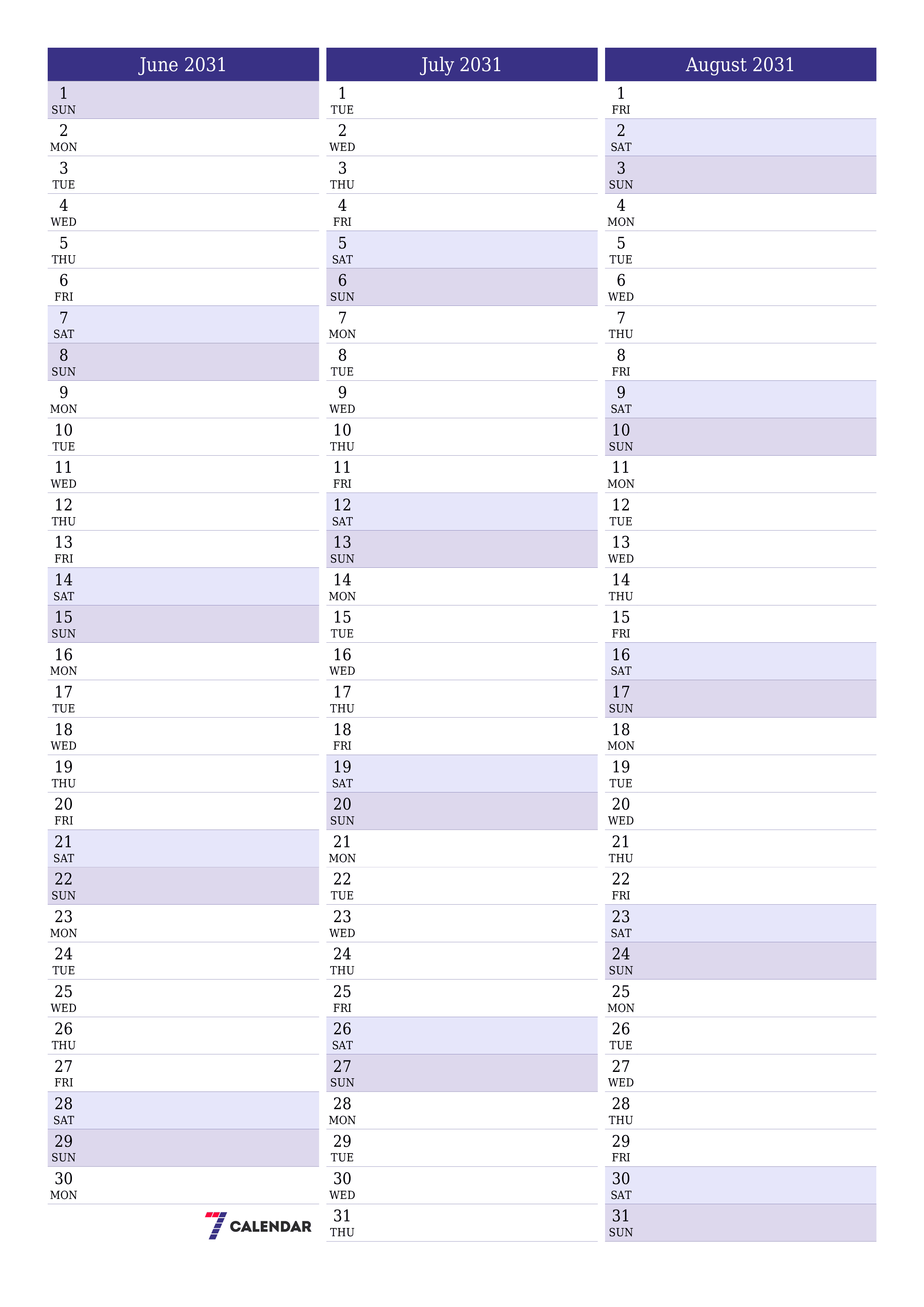 Blank calendar June 2031