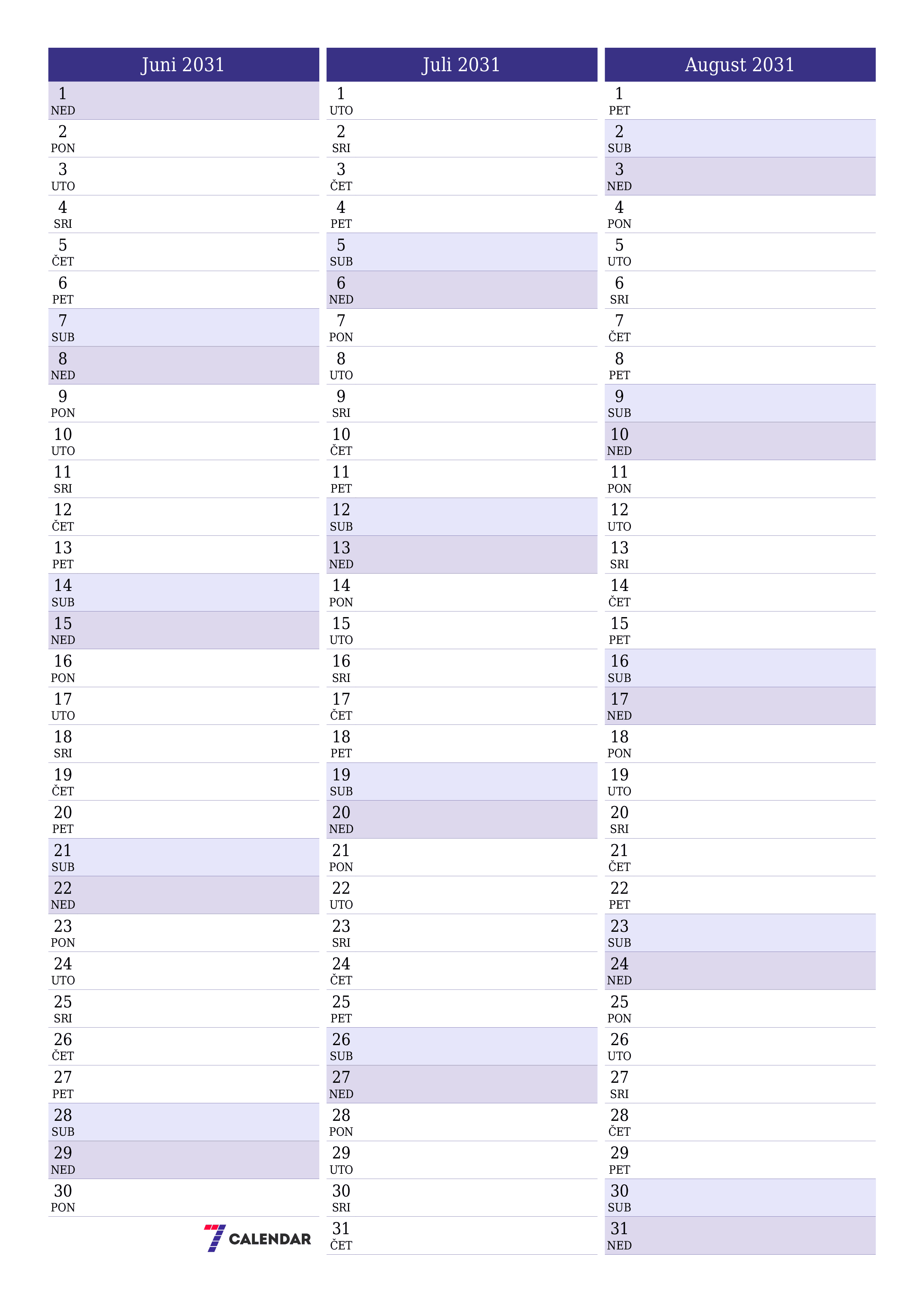  za štampanje zidni šablon a besplatni vertikalno Mjesečno planer kalendar Juni (Jun) 2031