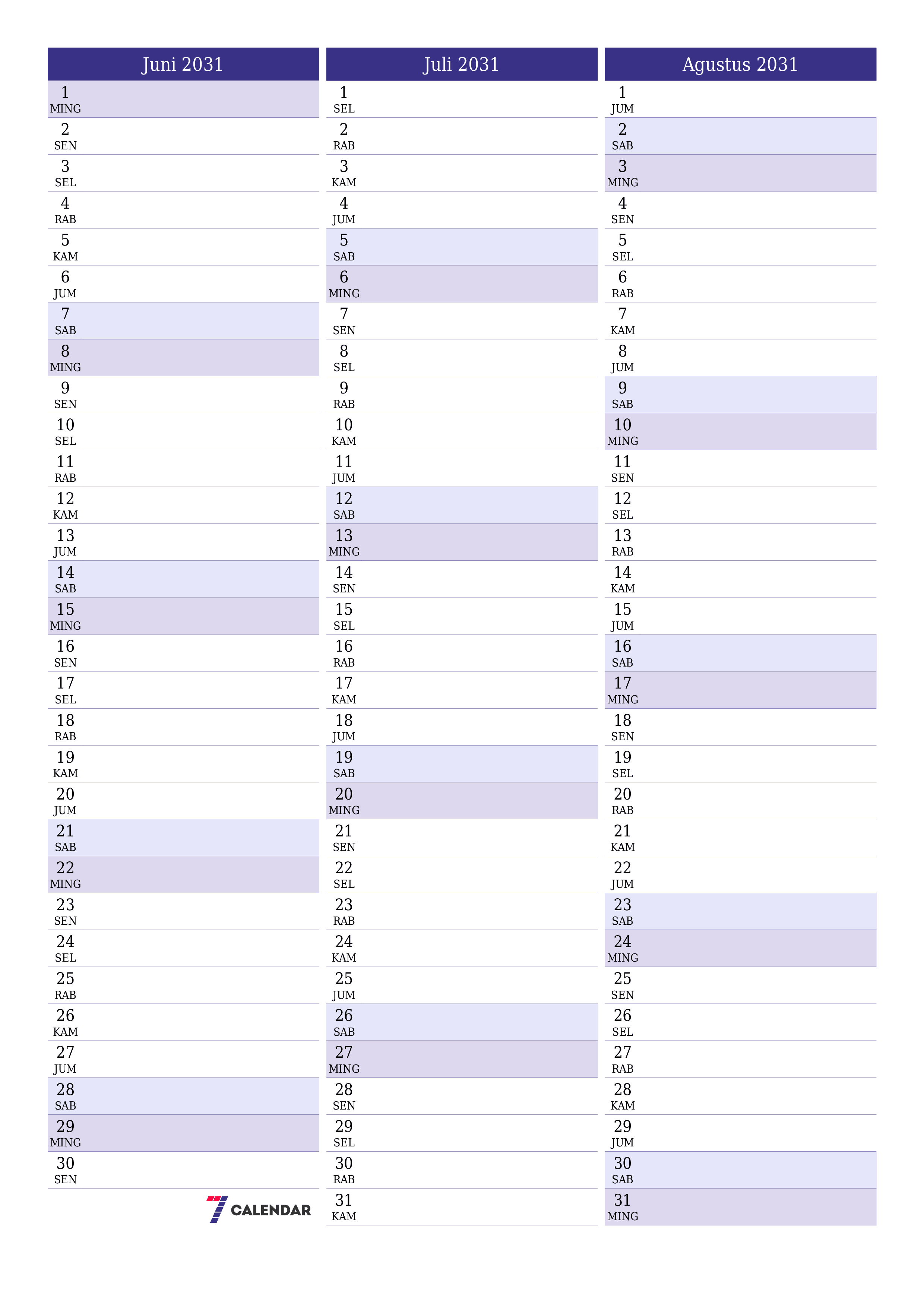 yang dapat dicetak dinding templat gratisvertikal Bulanan perencana kalender Juni (Jun) 2031