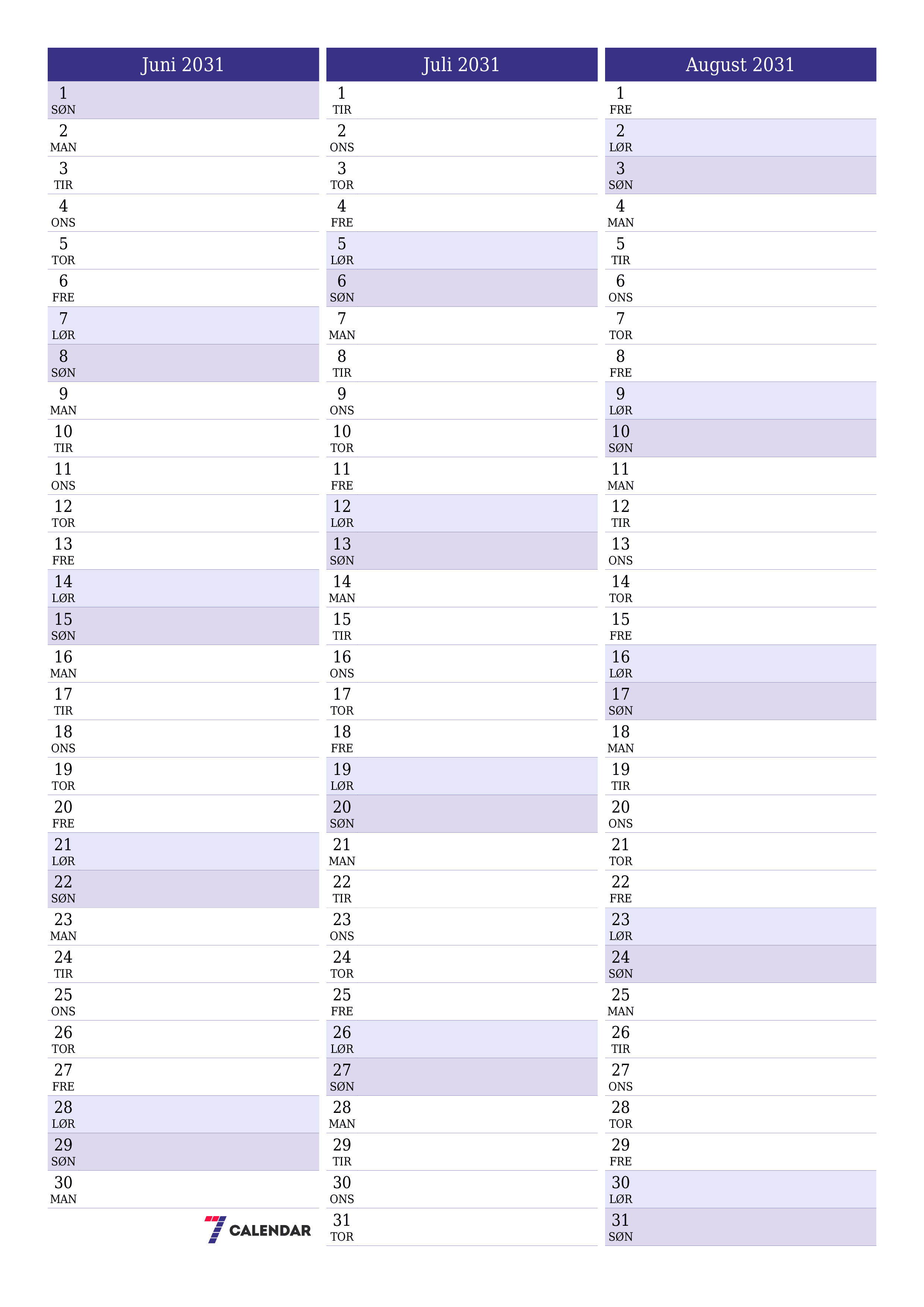 utskrivbar vegg mal gratis vertikal Månedlig planlegger kalender Juni (Jun) 2031