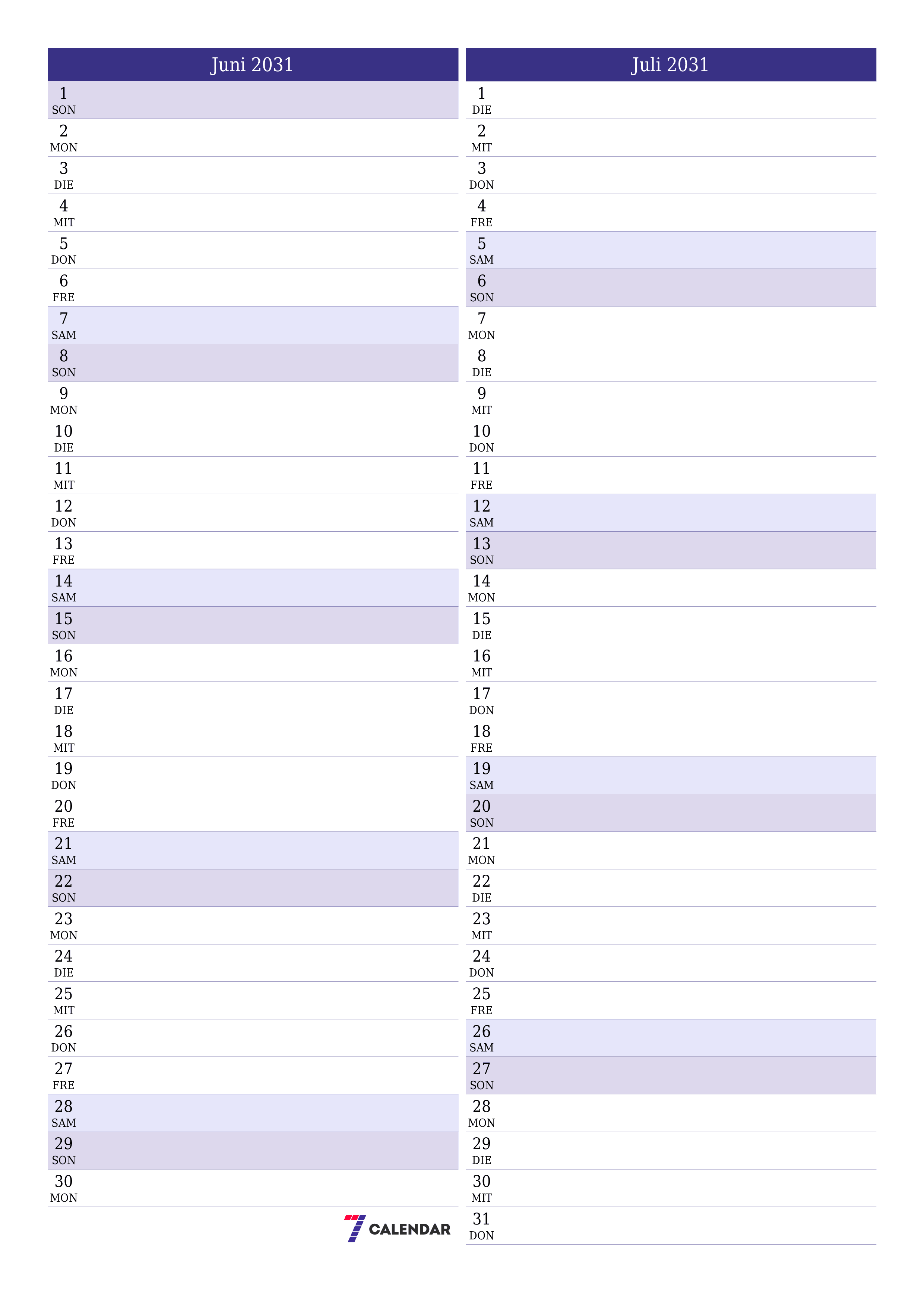  zum Ausdrucken Wandkalender vorlage kostenloser vertikal Monatlich Planer Kalender Juni (Jun) 2031