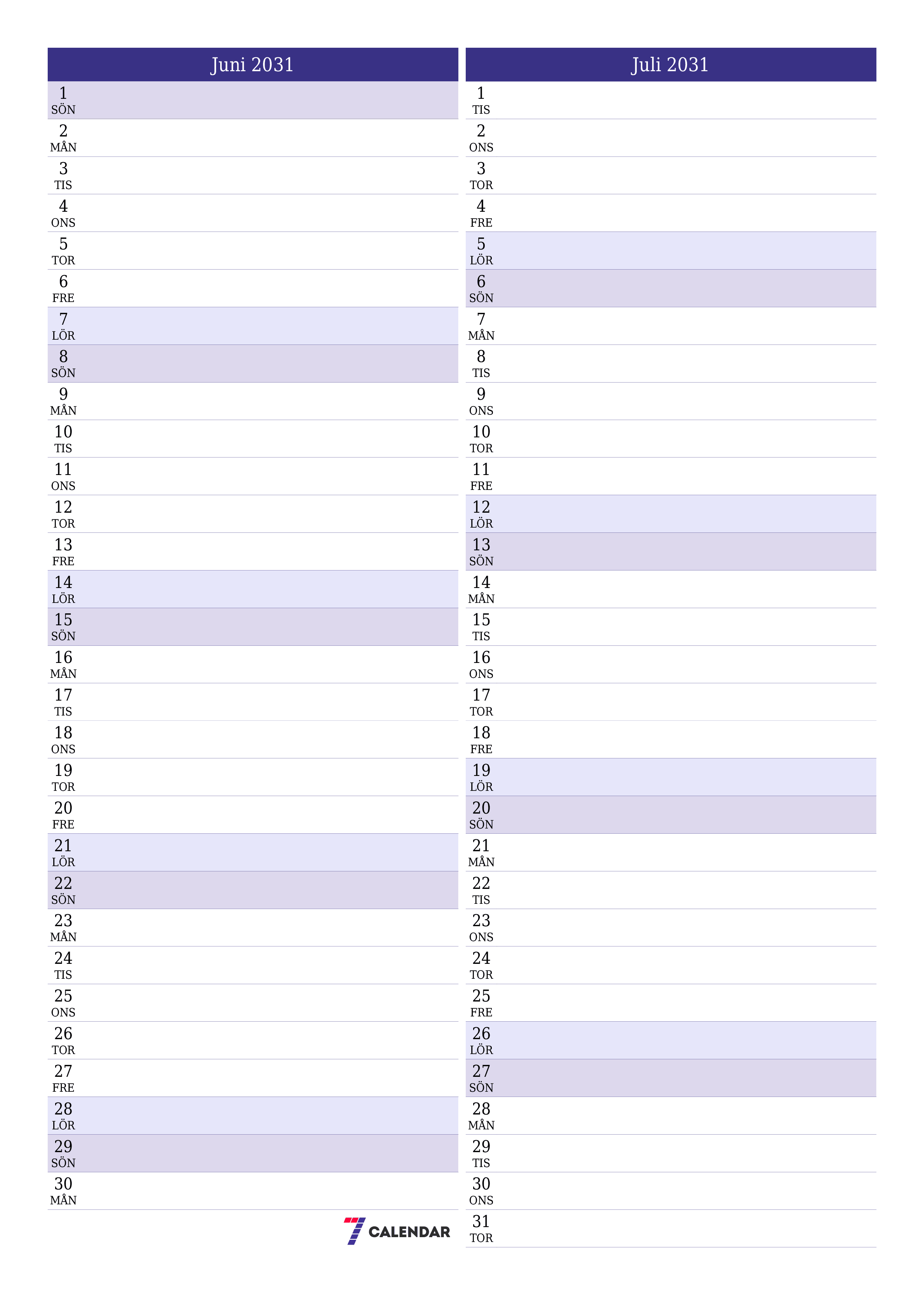 utskrivbar vägg mall gratis vertikal Månatlig planerare kalender Juni (Jun) 2031